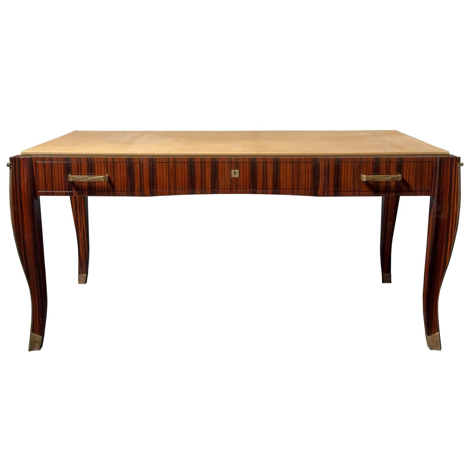 Art Deco Desk in Macassar Ebony and Leather Top