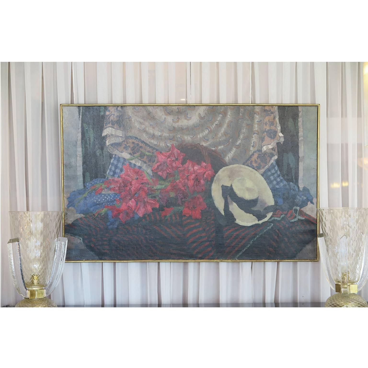 Still Life motif by French artist Zene Fountayne. Oil on canvas featuring a motif of a hat, flowers and draped fabric. His work was exhibited at the 1930 Salon of the Independents of Paris where he received the Prix Carot and exhibited at the Salon