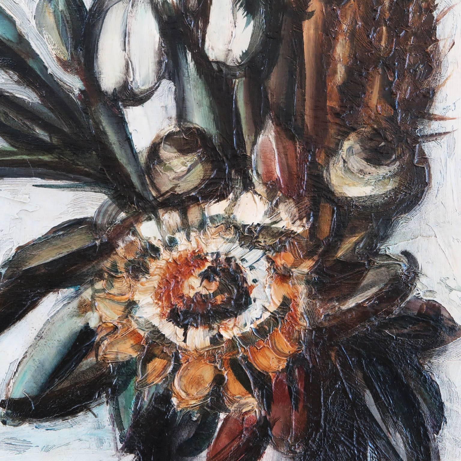 German born artist, Franz Priking (1929-1979) painted this flower still life. Oil on canvas and signed on lower right. Newly framed in Macassar.
Priking studied at The Bauhaus and the Academy of Arts in Berlin. After moving to France in 1950,