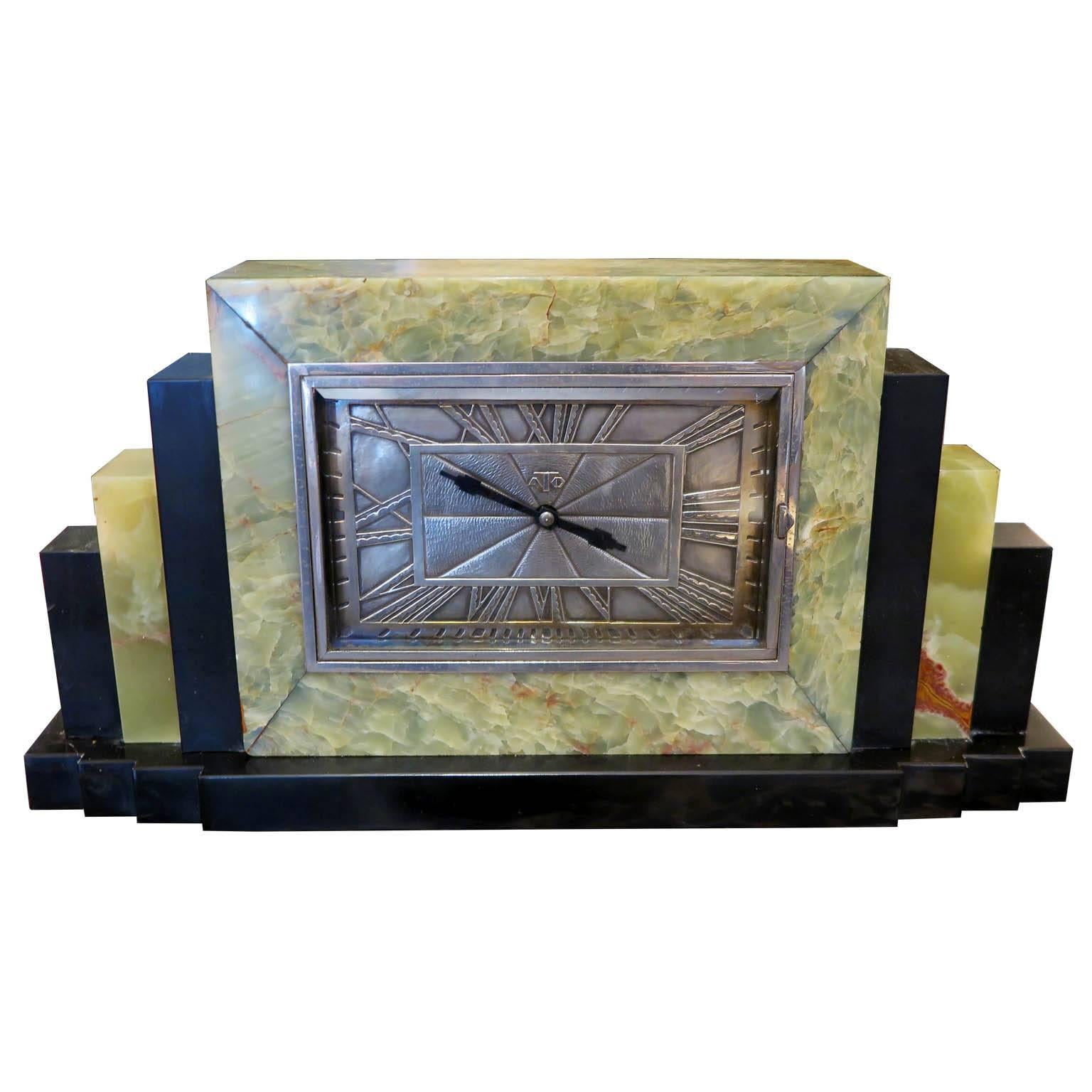 Leon Hatot Ato Green Onyx Mantle Clock