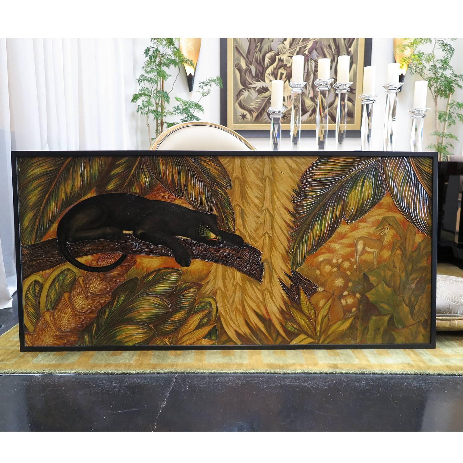 French Art Deco panel of panther on branch observing a deer. Acrylic on board, relief work, layered paint on plants to add texture and depth. Newly framed in black.
