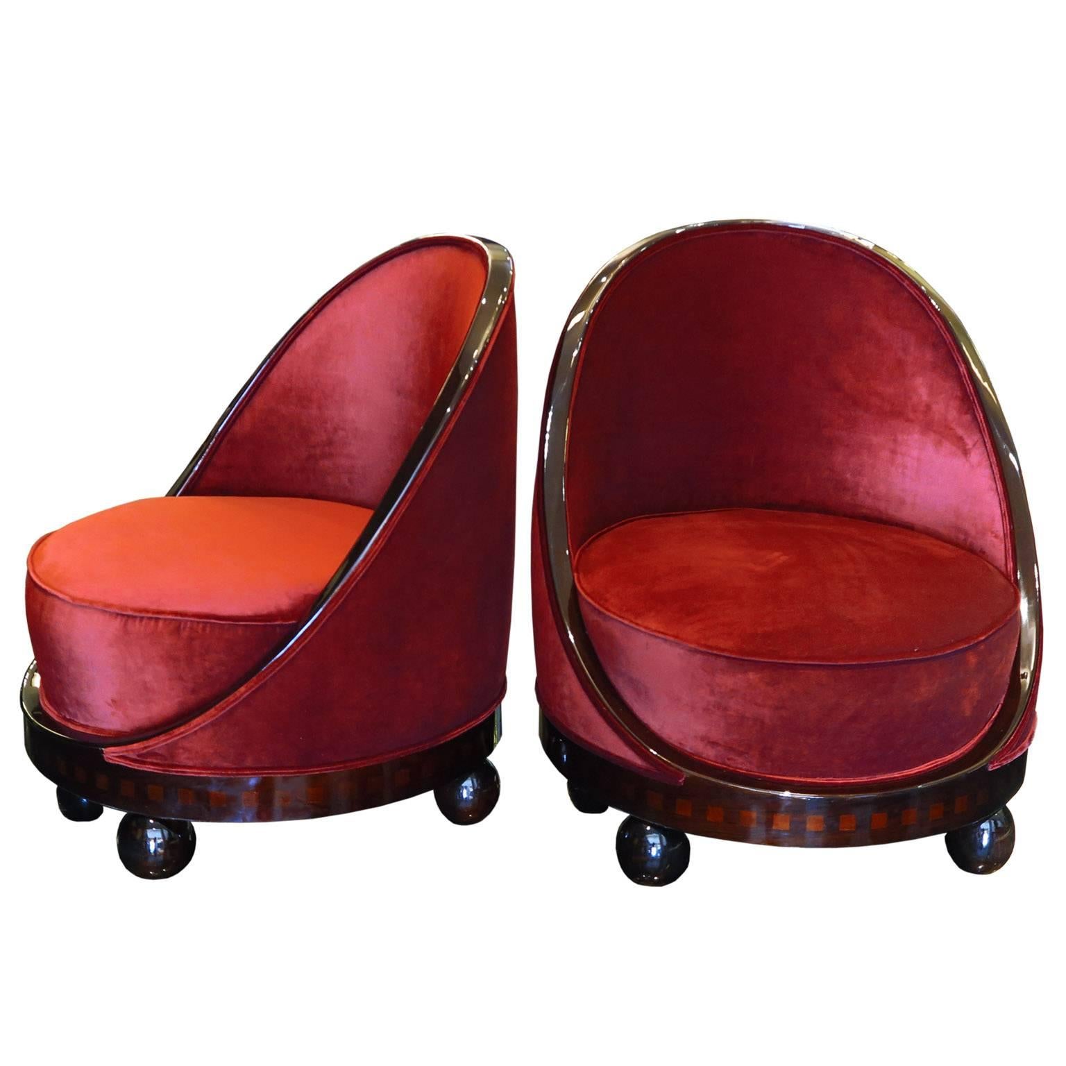 Pair of French Art Deco Boudoir Chairs with parquetry details and ball feet