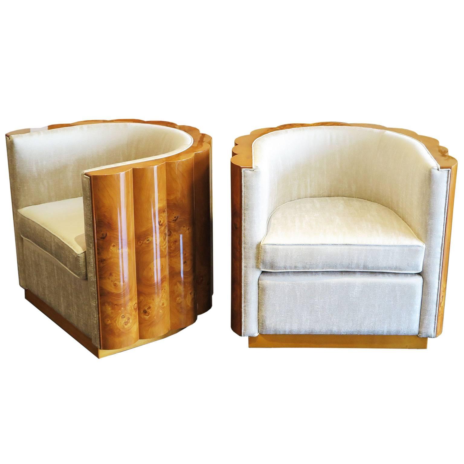 Pair of Elm Burl Barrel Chairs in the Style of Art Deco