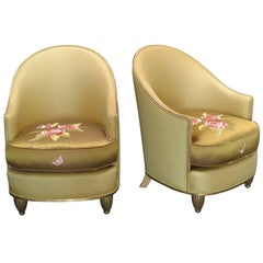 Pair of Art Deco Silk Lounge Chairs, France, circa 1920s