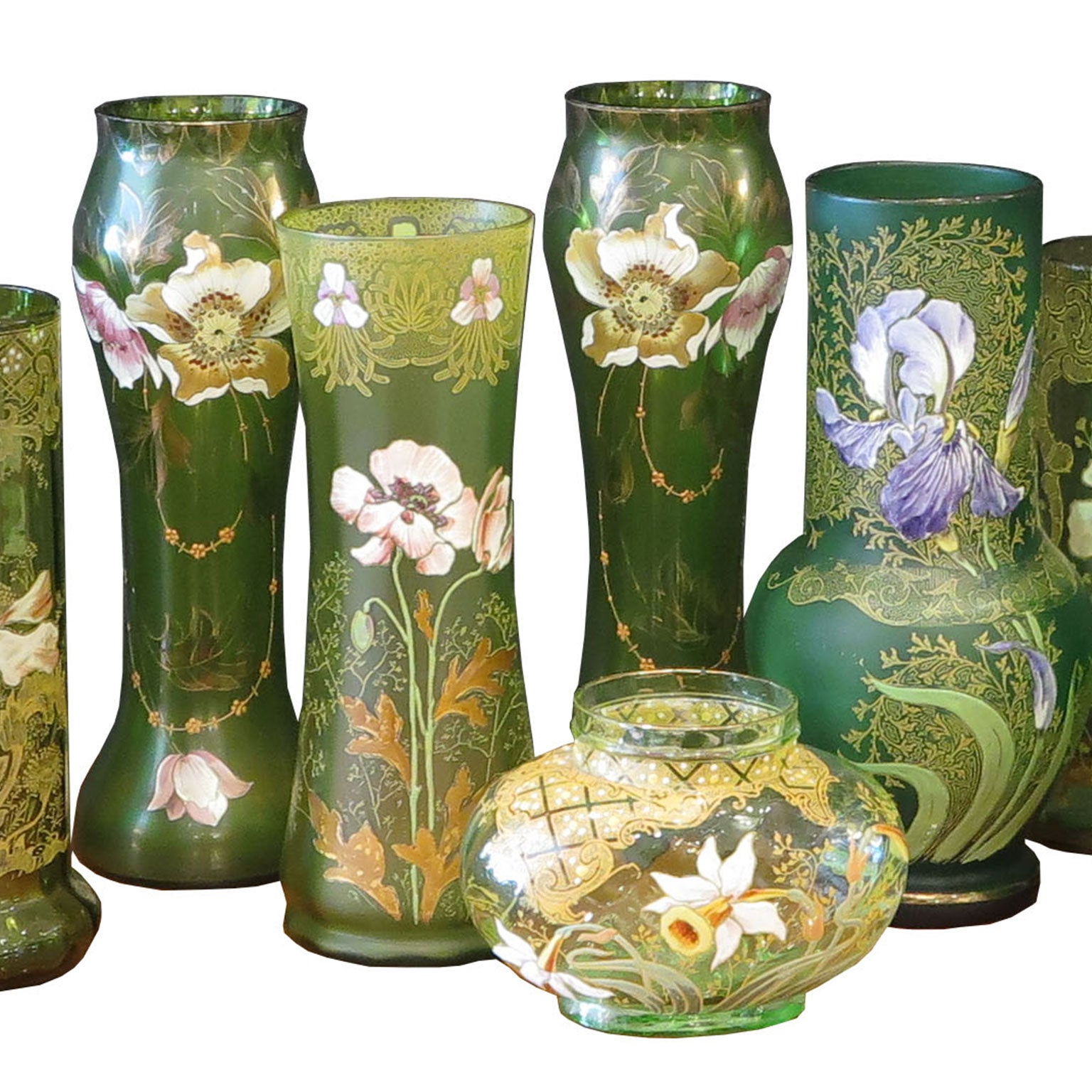 Collection Of 18 Green Glass Vases With Enamel Florals For Sale At
