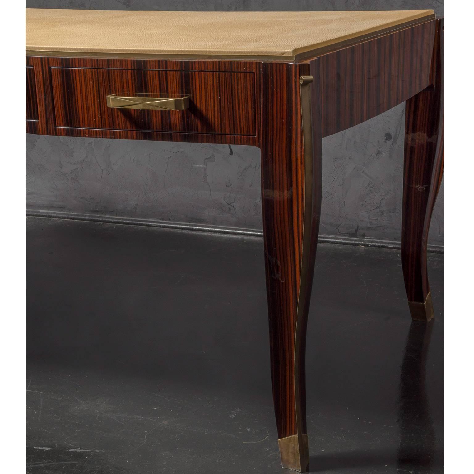 Veneer Art Deco Desk in Macassar Ebony and Leather Top