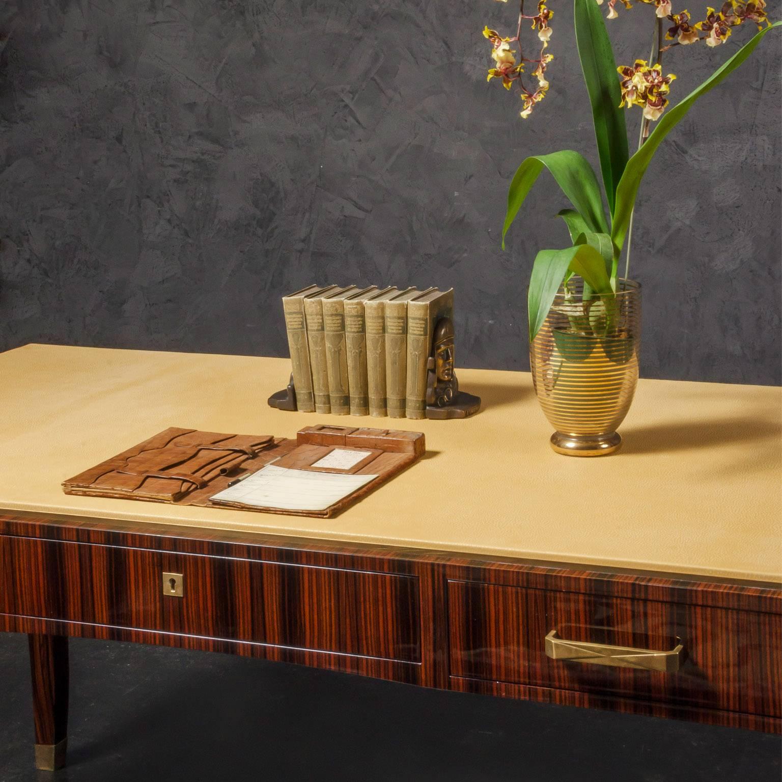 Contemporary Art Deco Desk in Macassar Ebony and Leather Top