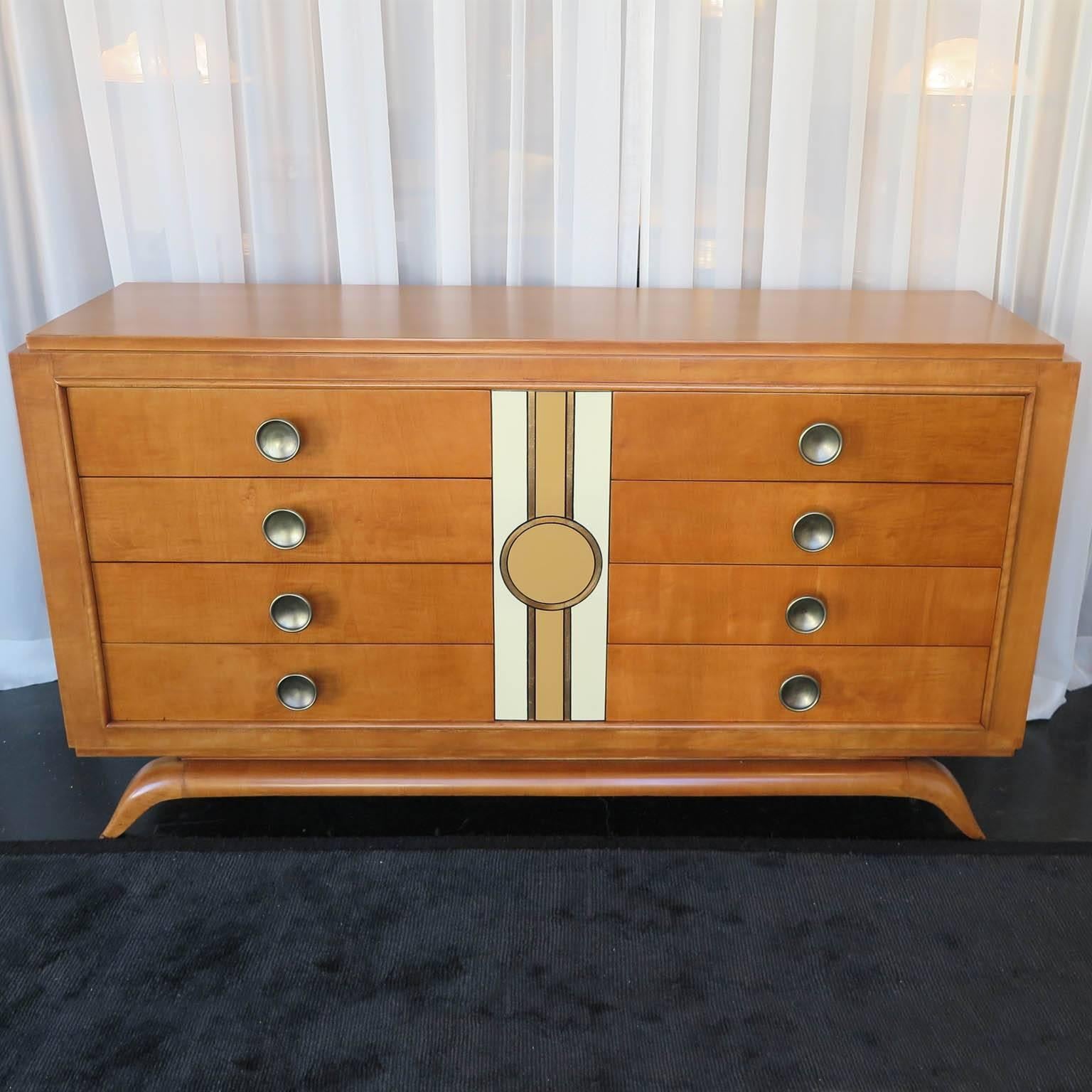 French Mid-Century Modern Maple Dresser with Lacquer Motif