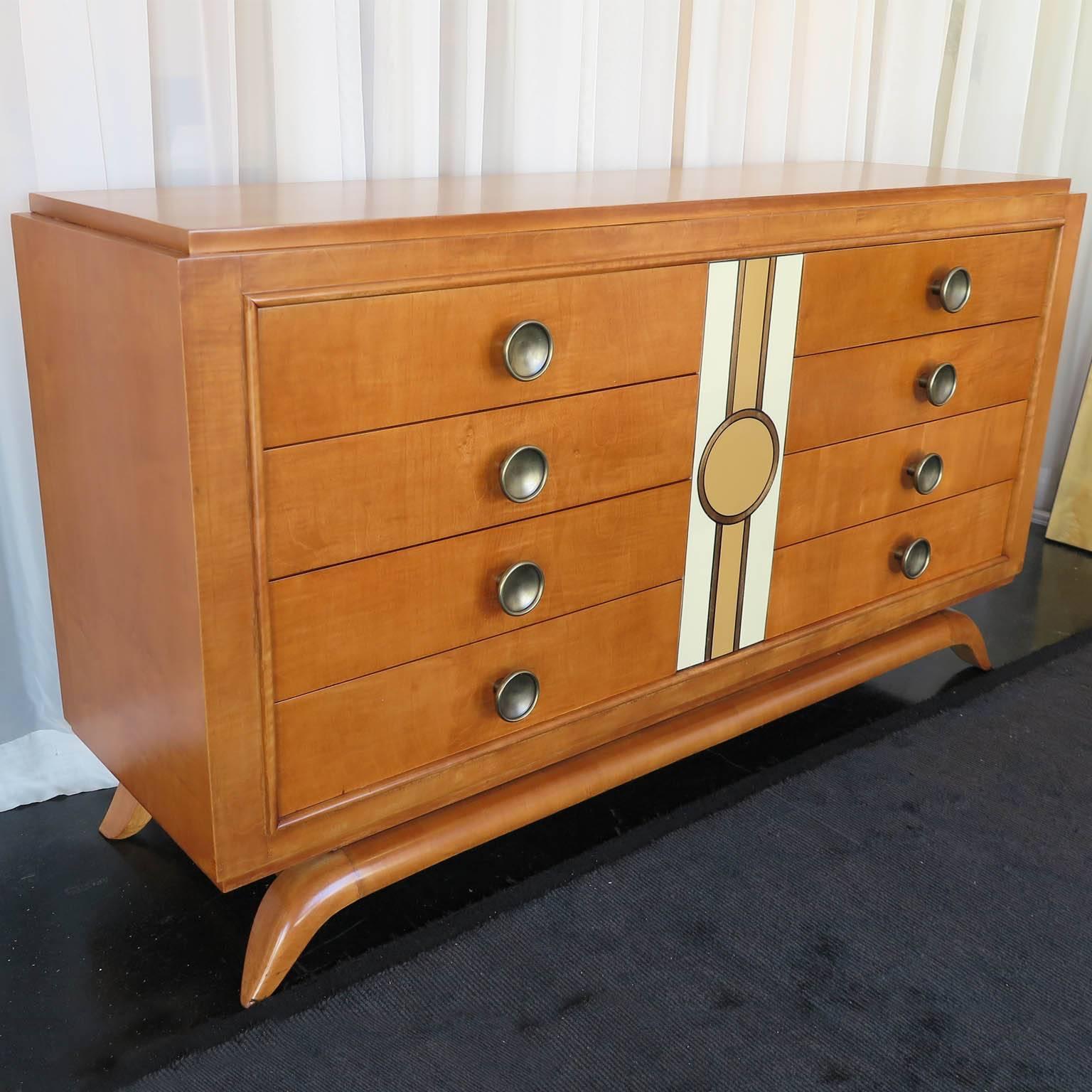 Mid-Century Modern Maple Dresser with Lacquer Motif In Excellent Condition In Los Angeles, CA