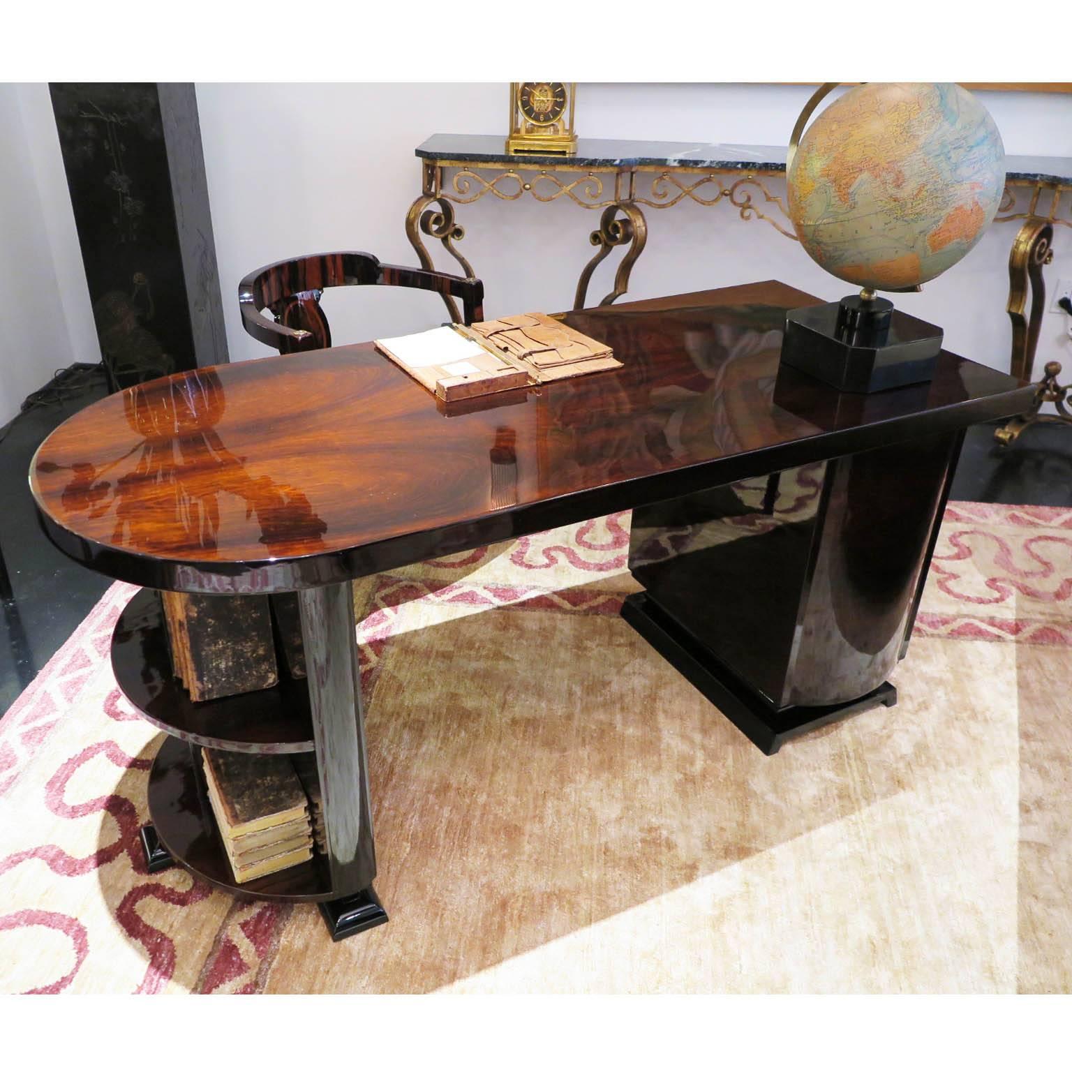 Lacquer Art Deco Curved Writing Desk in Rosewood
