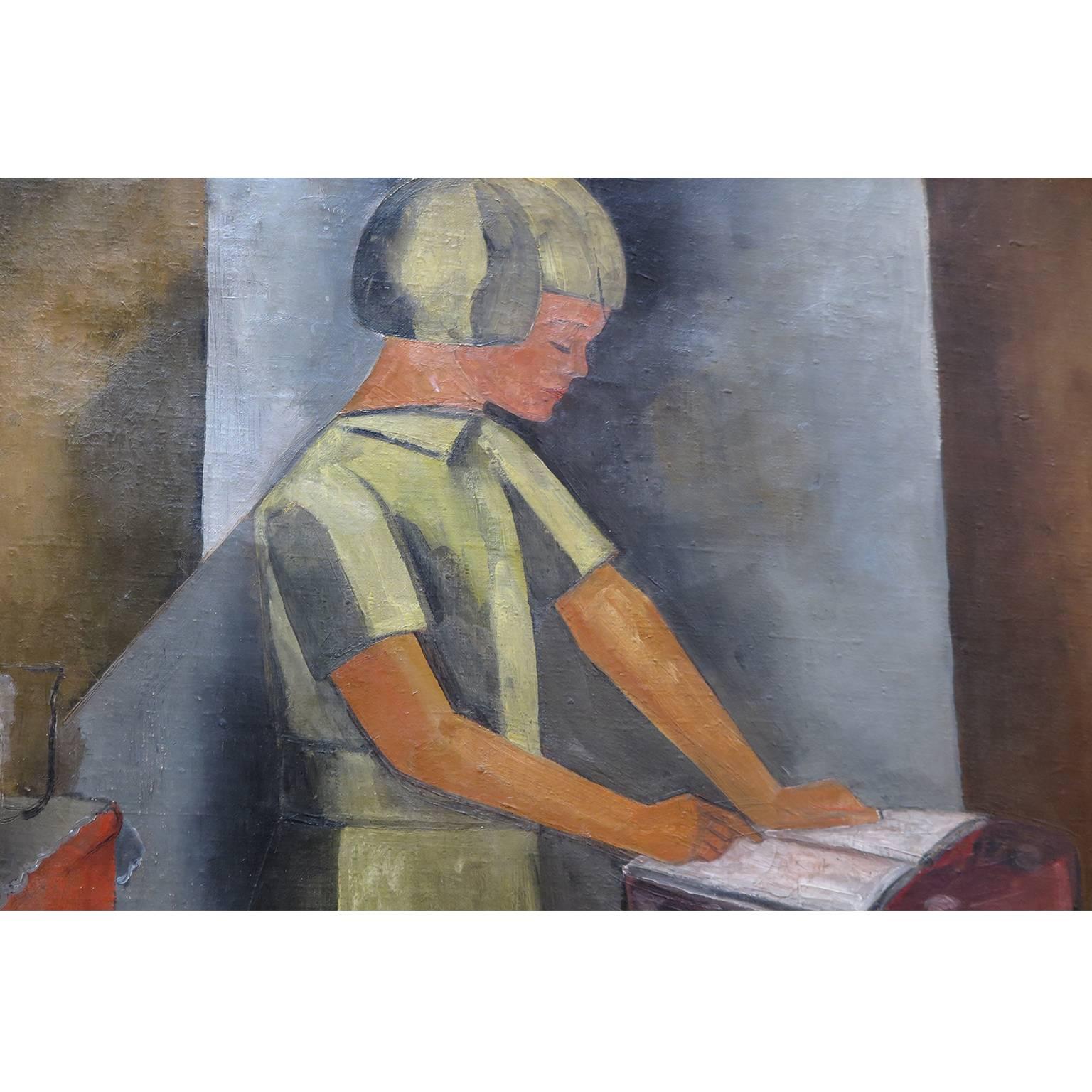 Cubistic painting of a school boy reading. Oil on canvas. Faded signature of lower left hand corner. Newly framed in grey and gold leaf.