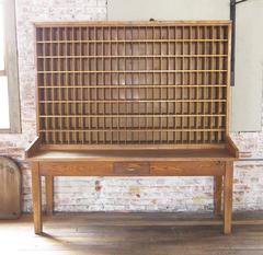 Antique Industrial Wood Postal Sorting Desk Storage Post Office Side Table