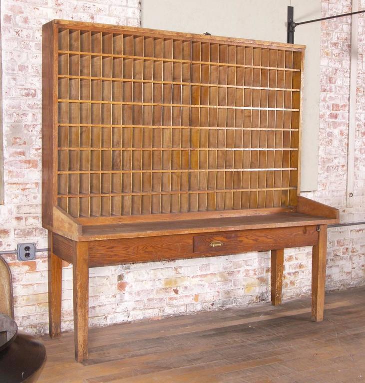 Antique Industrial Wood Postal Sorting Desk Storage Post Office Side 20th Century Antique Industrial Wood Postal Sorting Desk Storage Post Office Side Table For