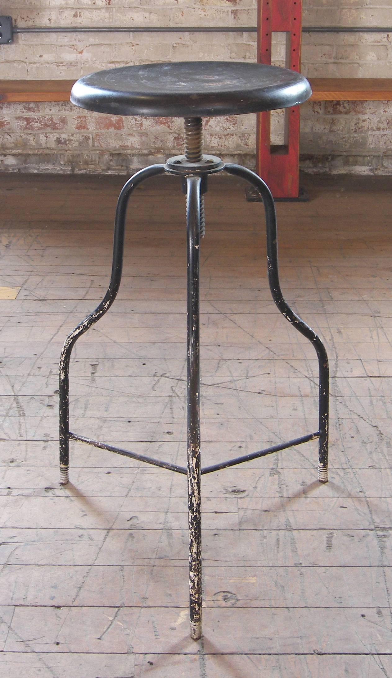 Industrial Vintage Black Metal Medical Stool with Three Legs, Adjustable Seat Height