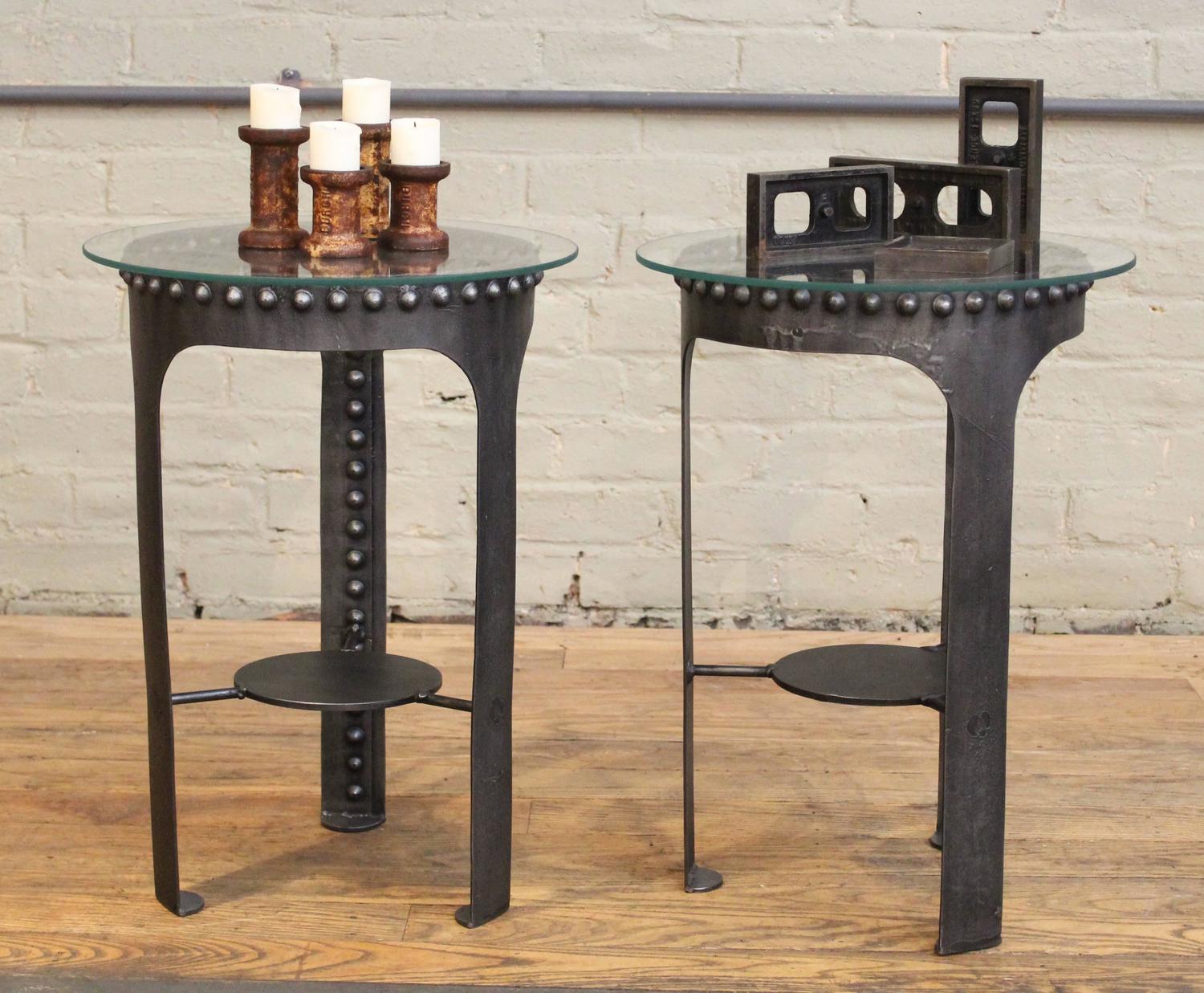 Vintage Industrial Riveted Steel, Metal and Glass End, Side Tables For
