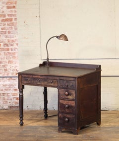 Vintage Industrial Clerk's Desk Workbench with Adjustable Goose-Neck Task Lamp