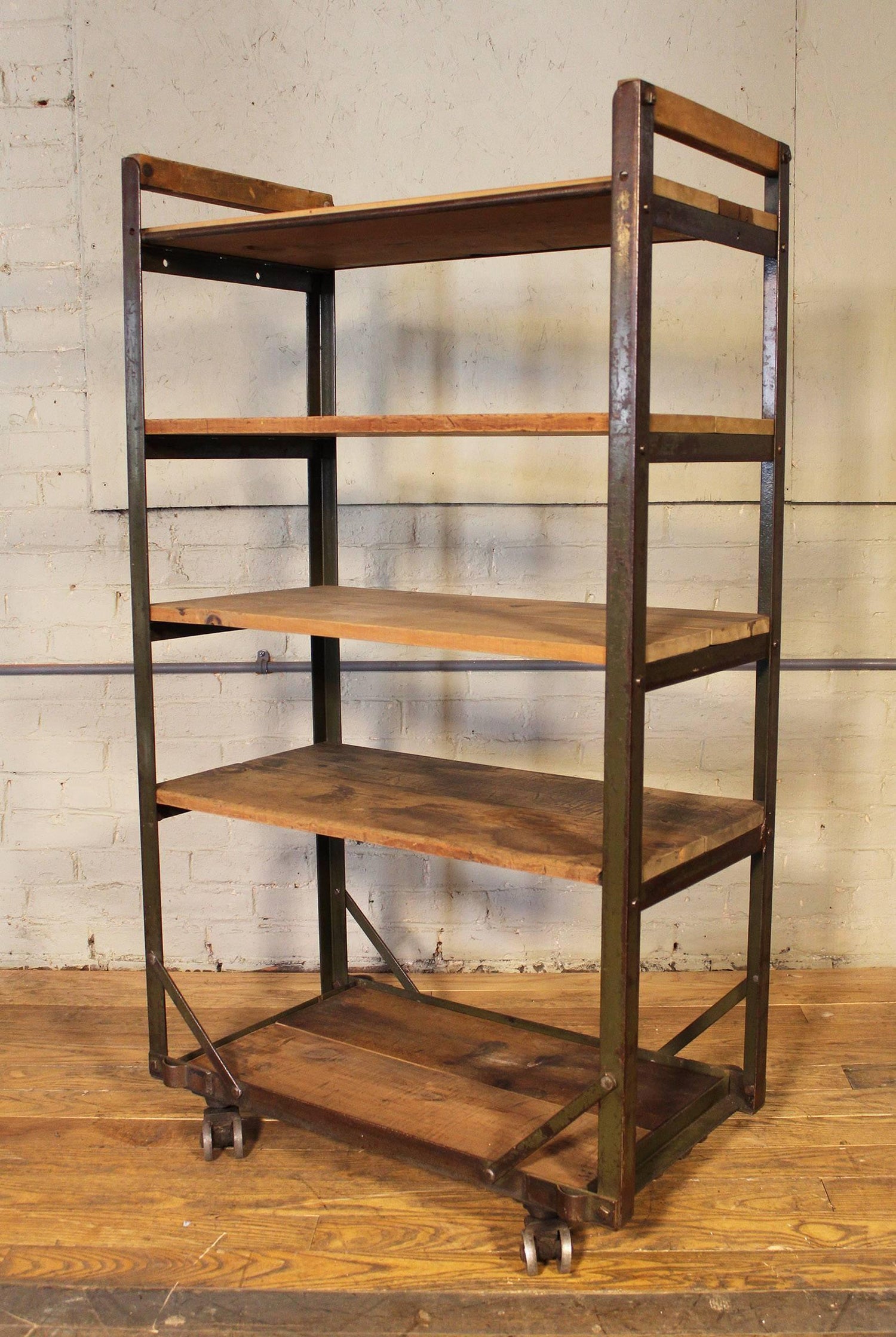 metal rolling shoe rack on Rolling Shoe Cart Rustic Wood And Steel Storage Rack For Sale At 1stdibs