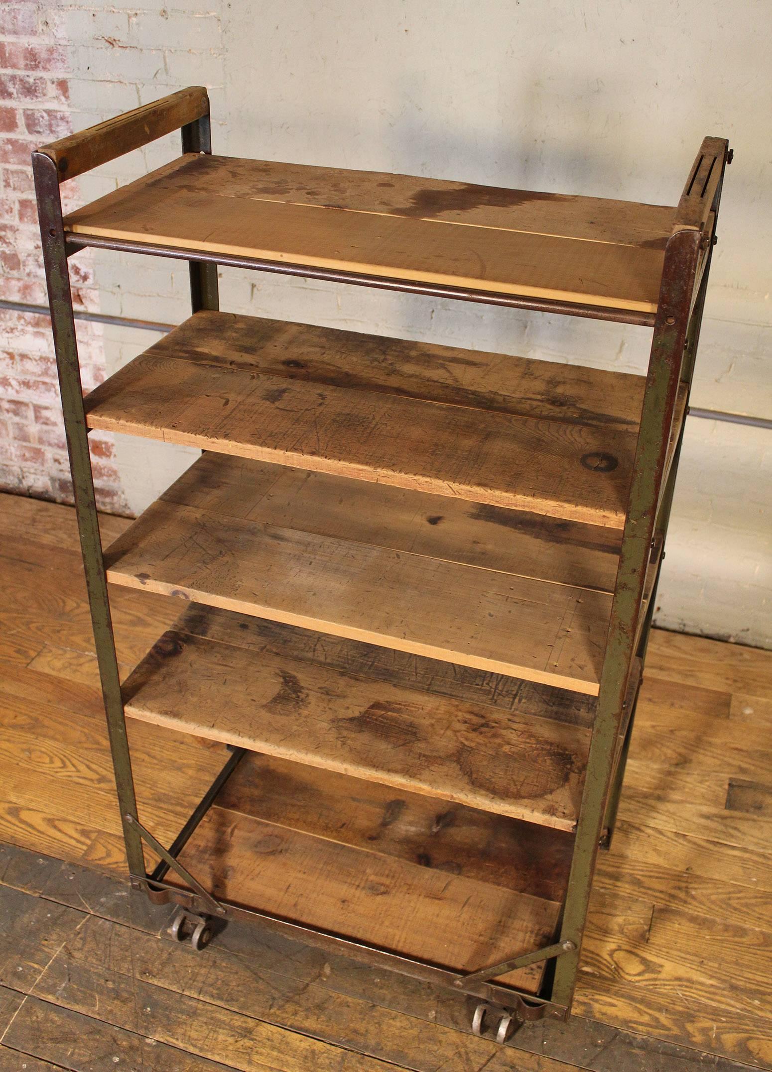 Rolling Shoe Cart, Rustic Wood and Steel Storage Rack In Distressed Condition In Oakville, CT
