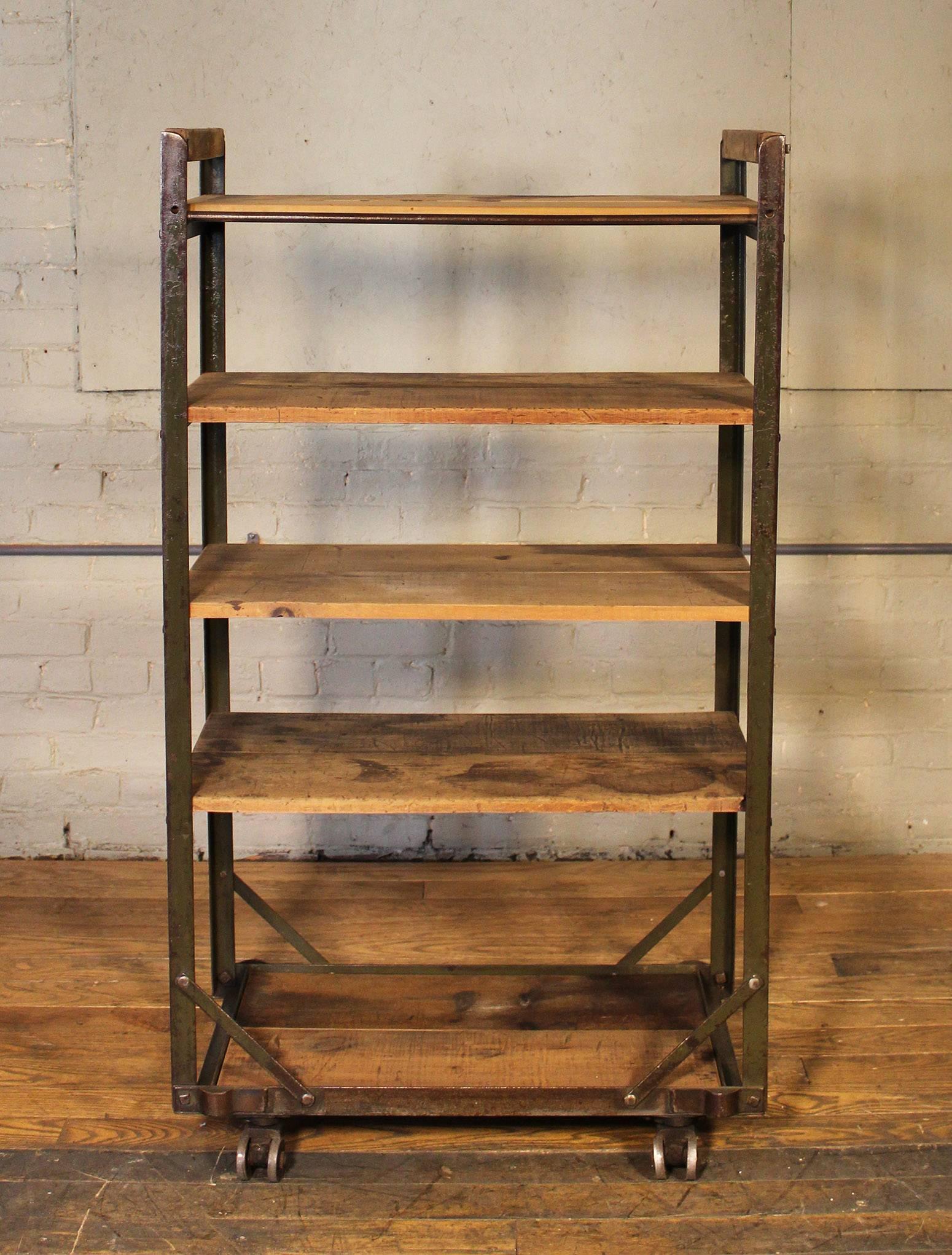 20th Century Rolling Shoe Cart, Rustic Wood and Steel Storage Rack