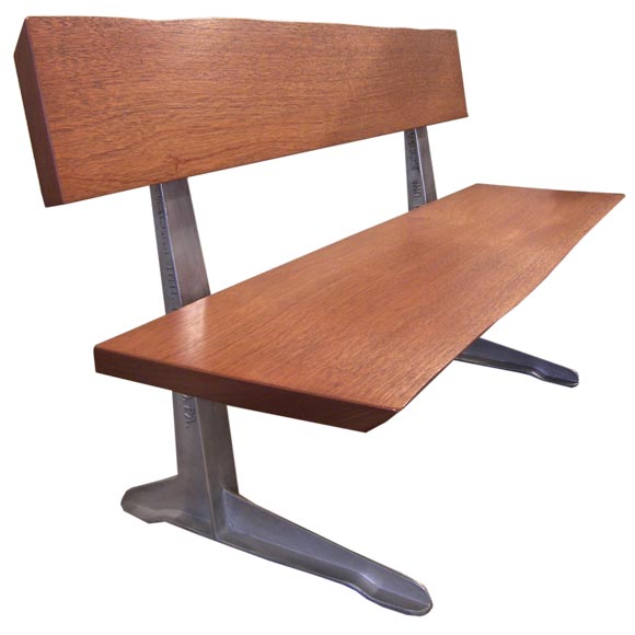 Free-Form Mahogany Bench with 1950s Aluminum Park Bench Legs For Sale
