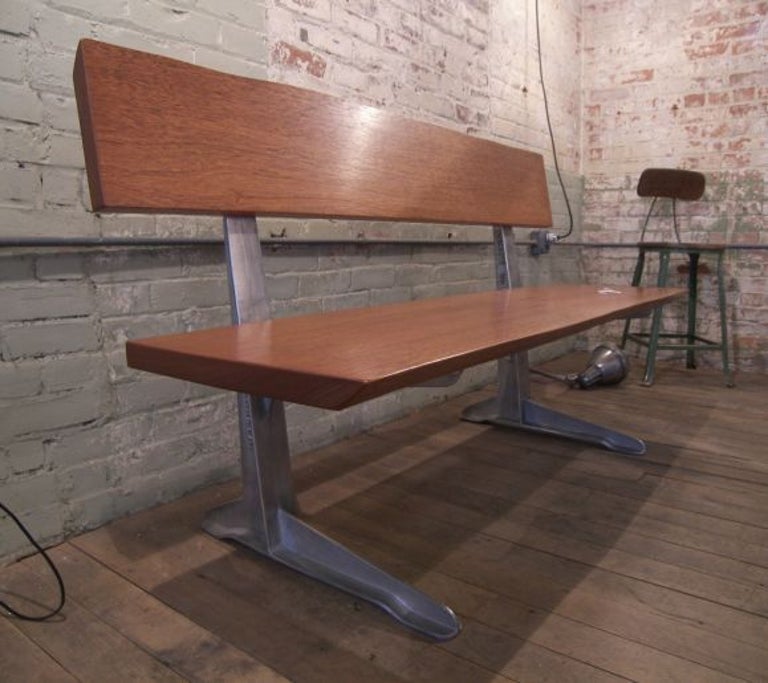 FreeForm Mahogany Bench with 1950s Aluminum Park Bench Legs For Sale