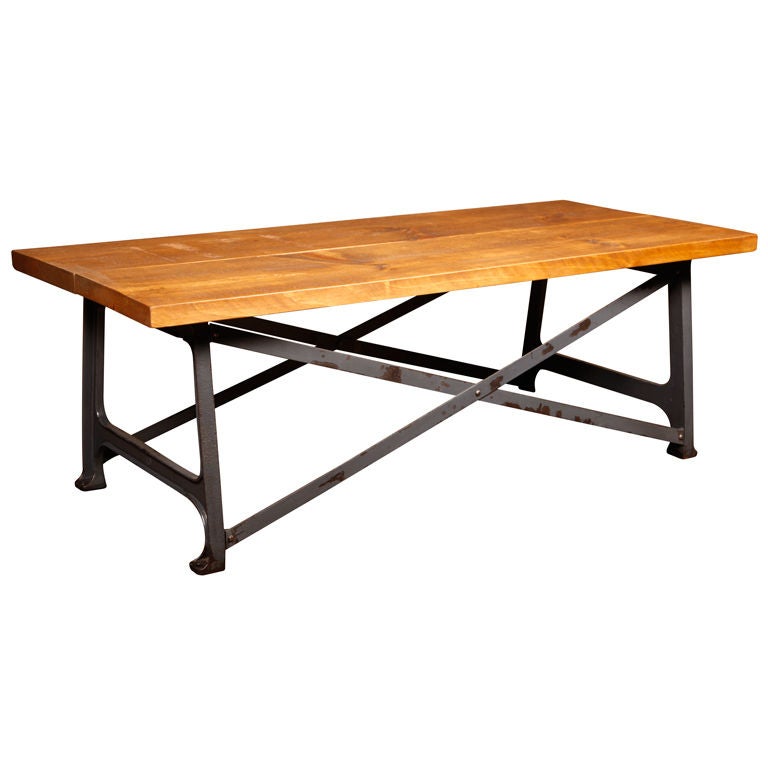 Coffee Table, Vintage Industrial X-Base Steel and Wood