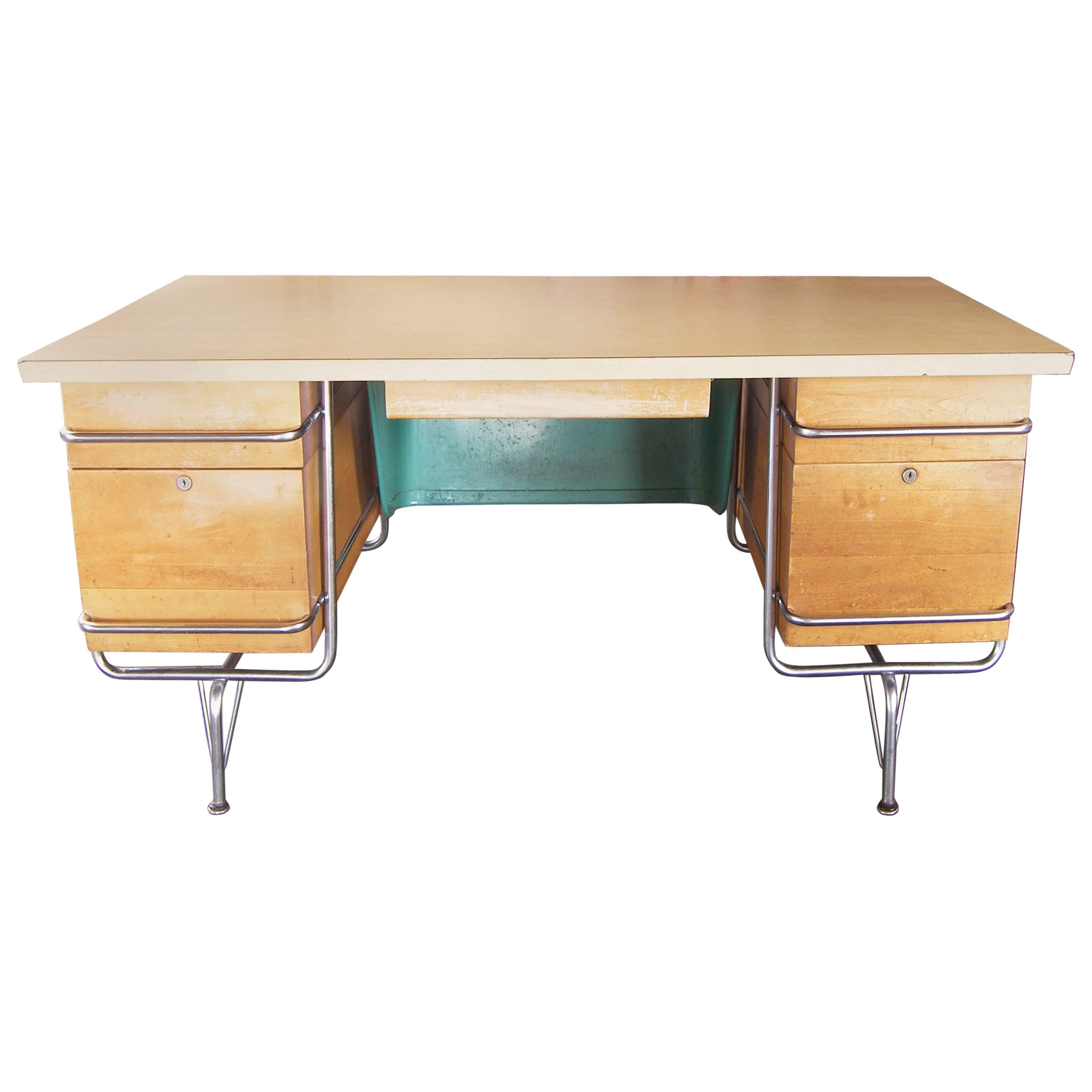 Heywood-Wakefield Desk, 1950s Mid-Century Modern Trimline Chrome and Wood