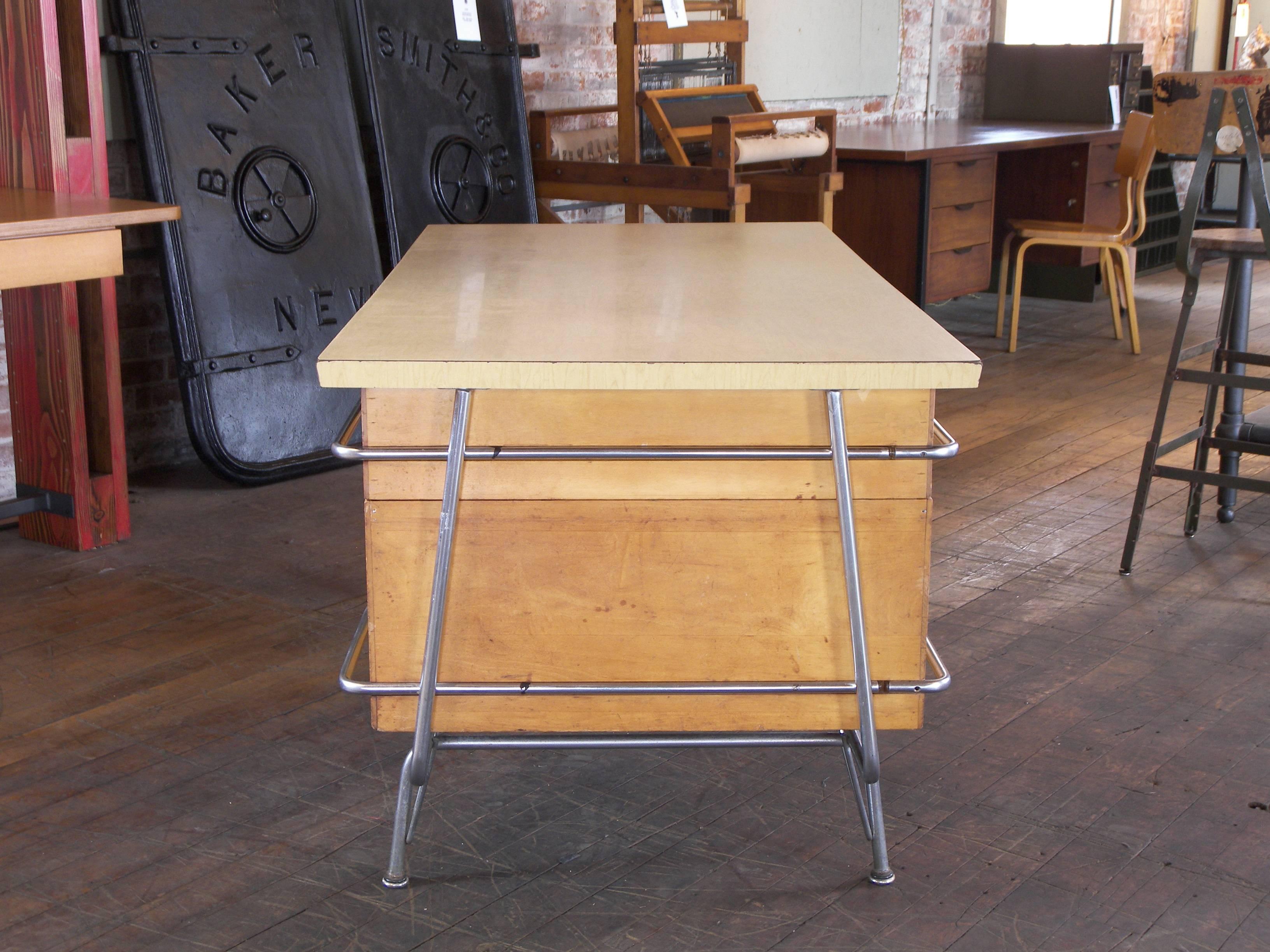 20th Century Heywood-Wakefield Desk, 1950s Mid-Century Modern Trimline Chrome and Wood