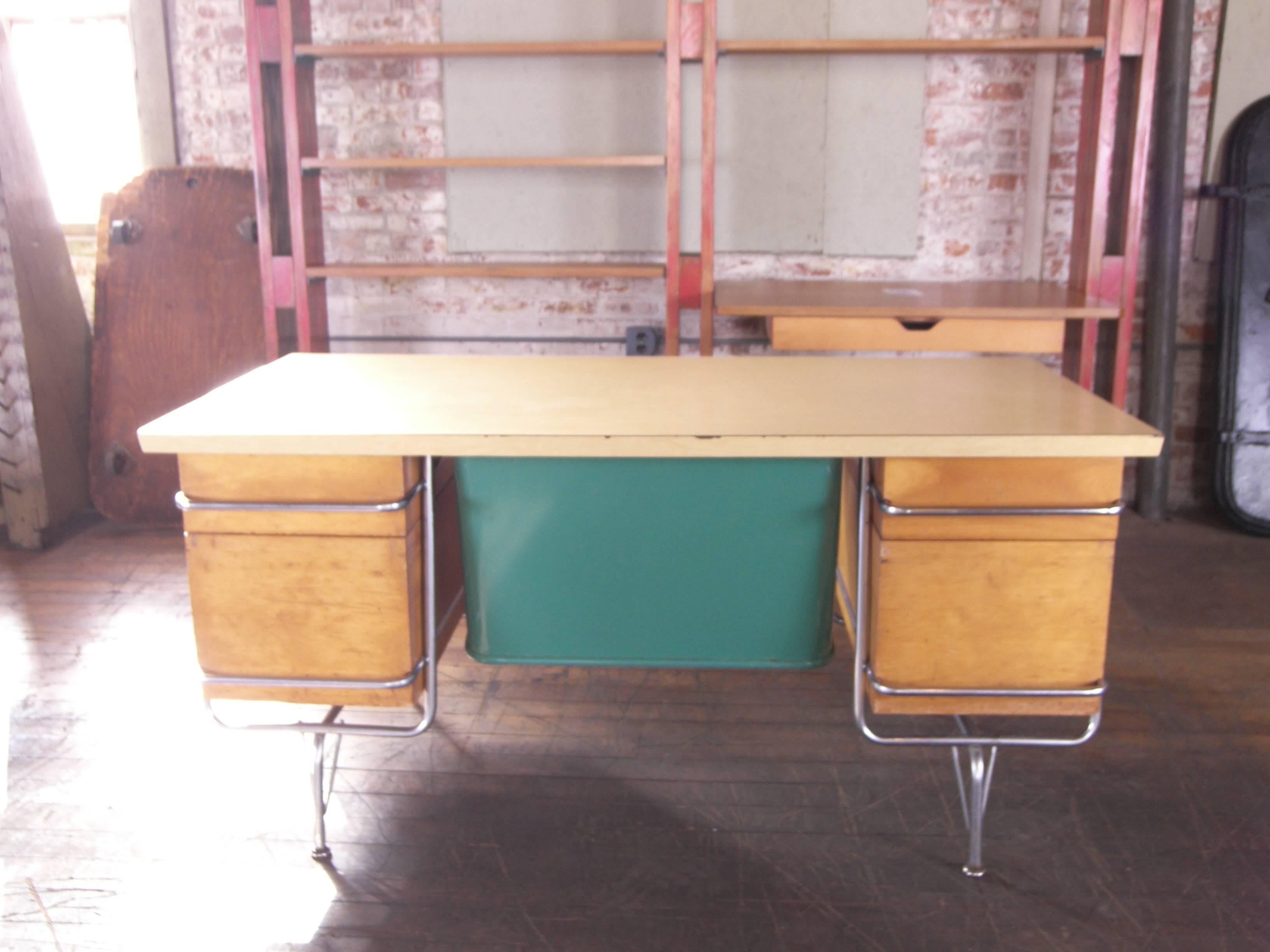 Heywood-Wakefield Desk, 1950s Mid-Century Modern Trimline Chrome and Wood 1