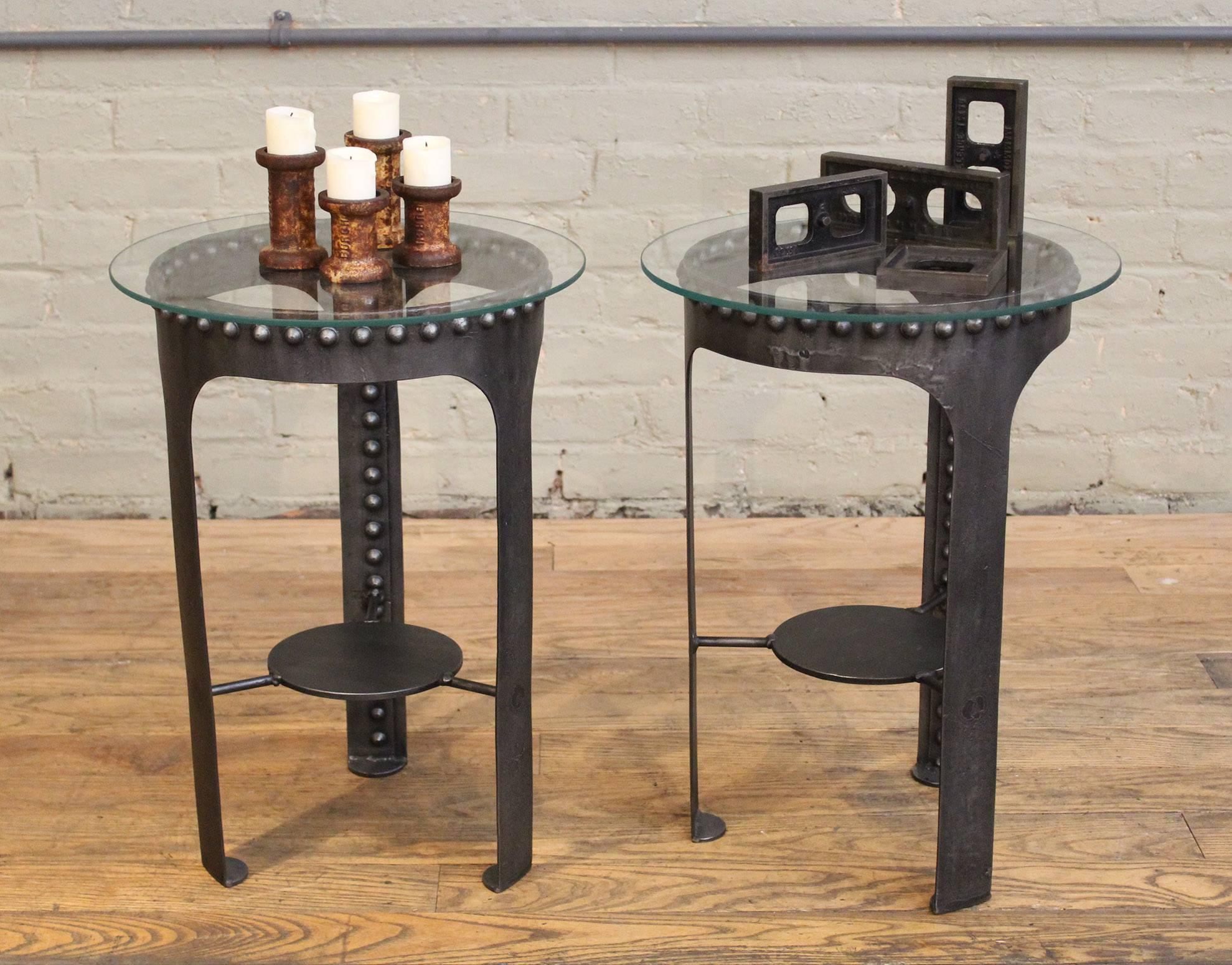 Contemporary Vintage Industrial Tank End or Side Tables,  Riveted Steel, Metal and Glass
