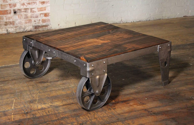 Cast Authentic Vintage Industrial Cart Coffee Table Factory Shop Wood Steel and Iron For Sale