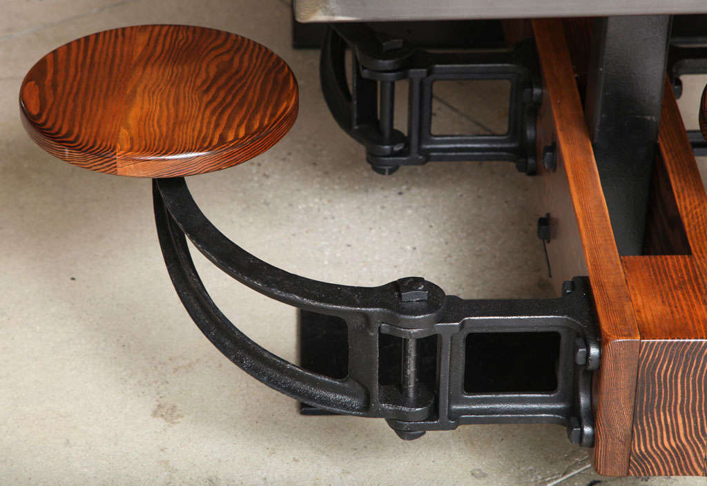American Bespoke Dining Table Set, Industrial Cast Iron and Wood Swing Out Seats For Sale