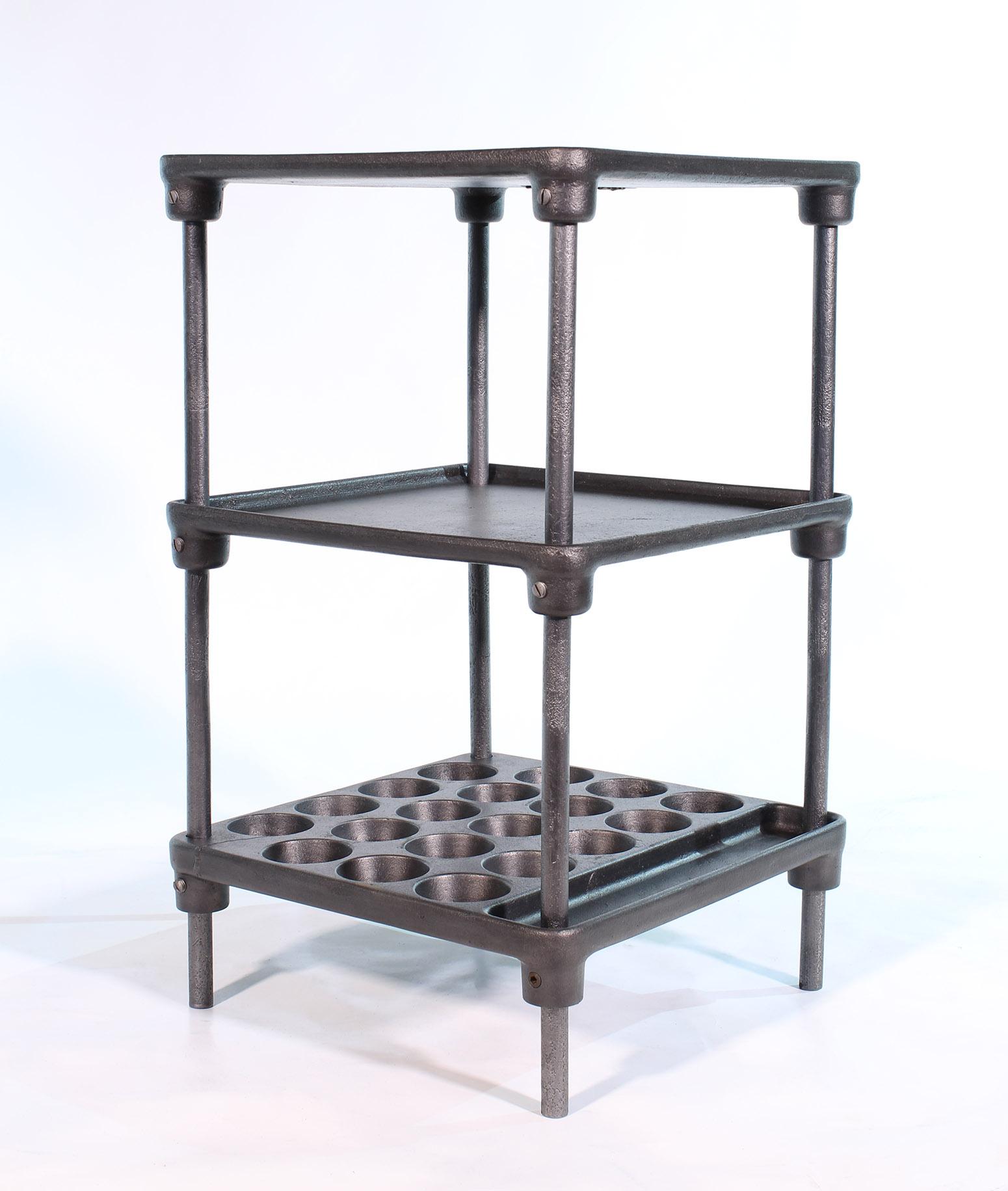 Authentic three-tier vintage industrial cast iron side or end machinists table, circa 1930s. Measures: 18