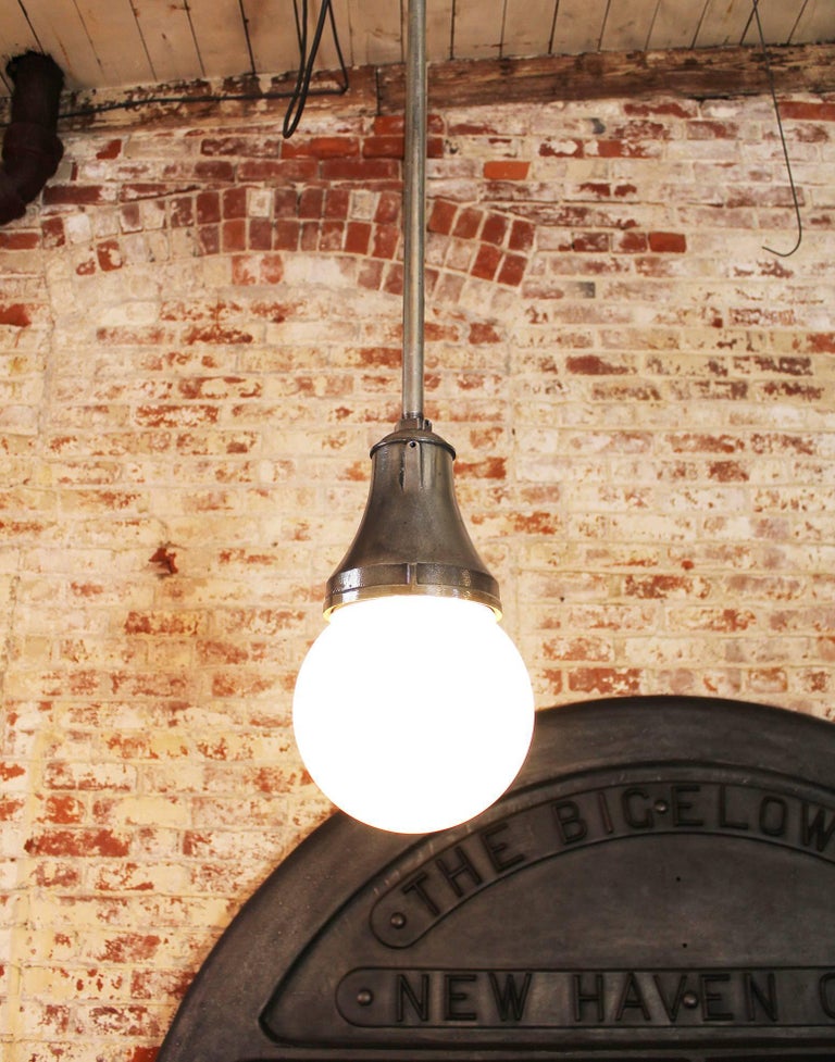 American Industrial Pendant Light, Lamp Cast Iron Glass Globe Ceiling Hanging For Sale