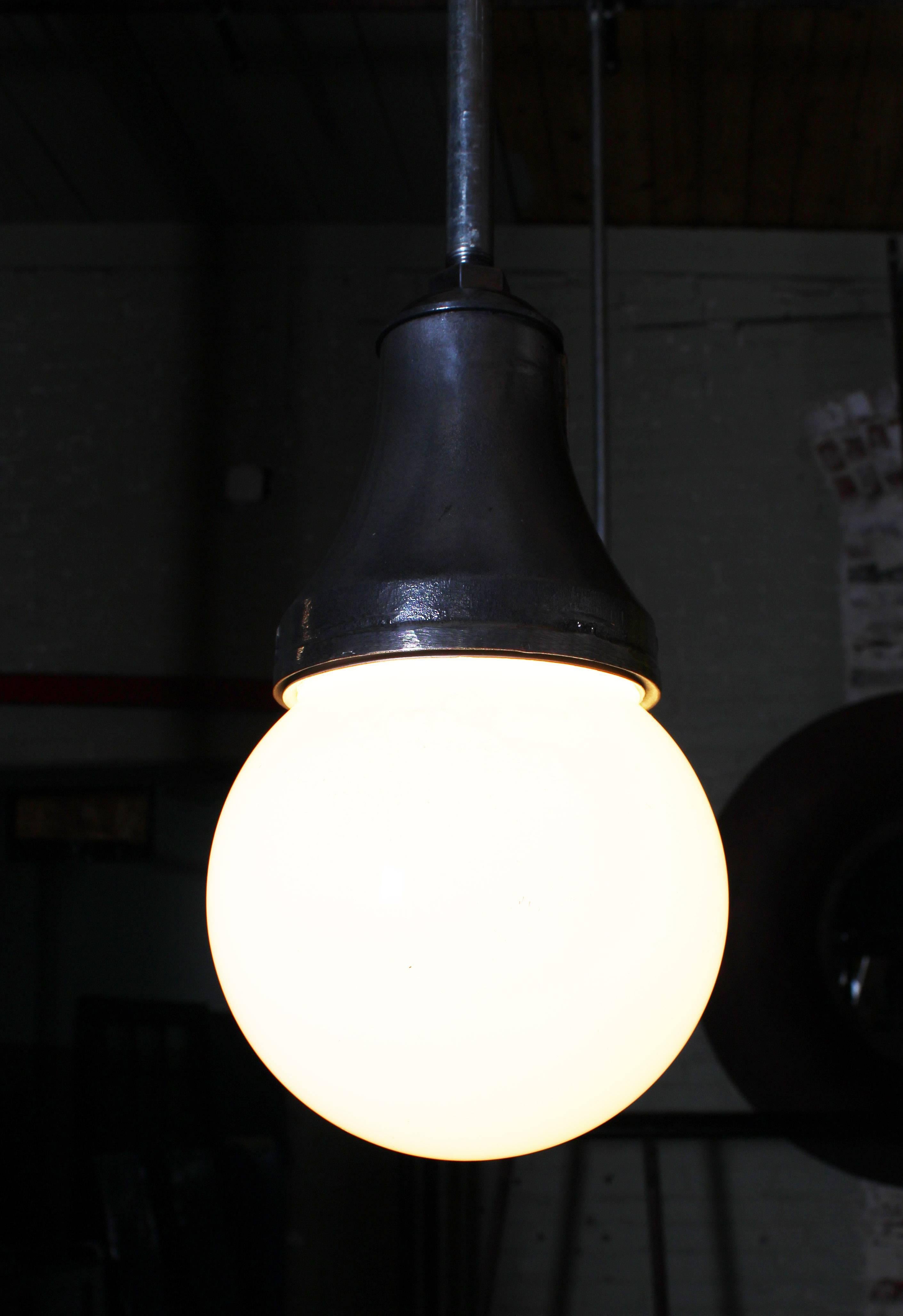 American Industrial Pendant Light, Lamp Cast Iron Glass Globe Ceiling Hanging For Sale