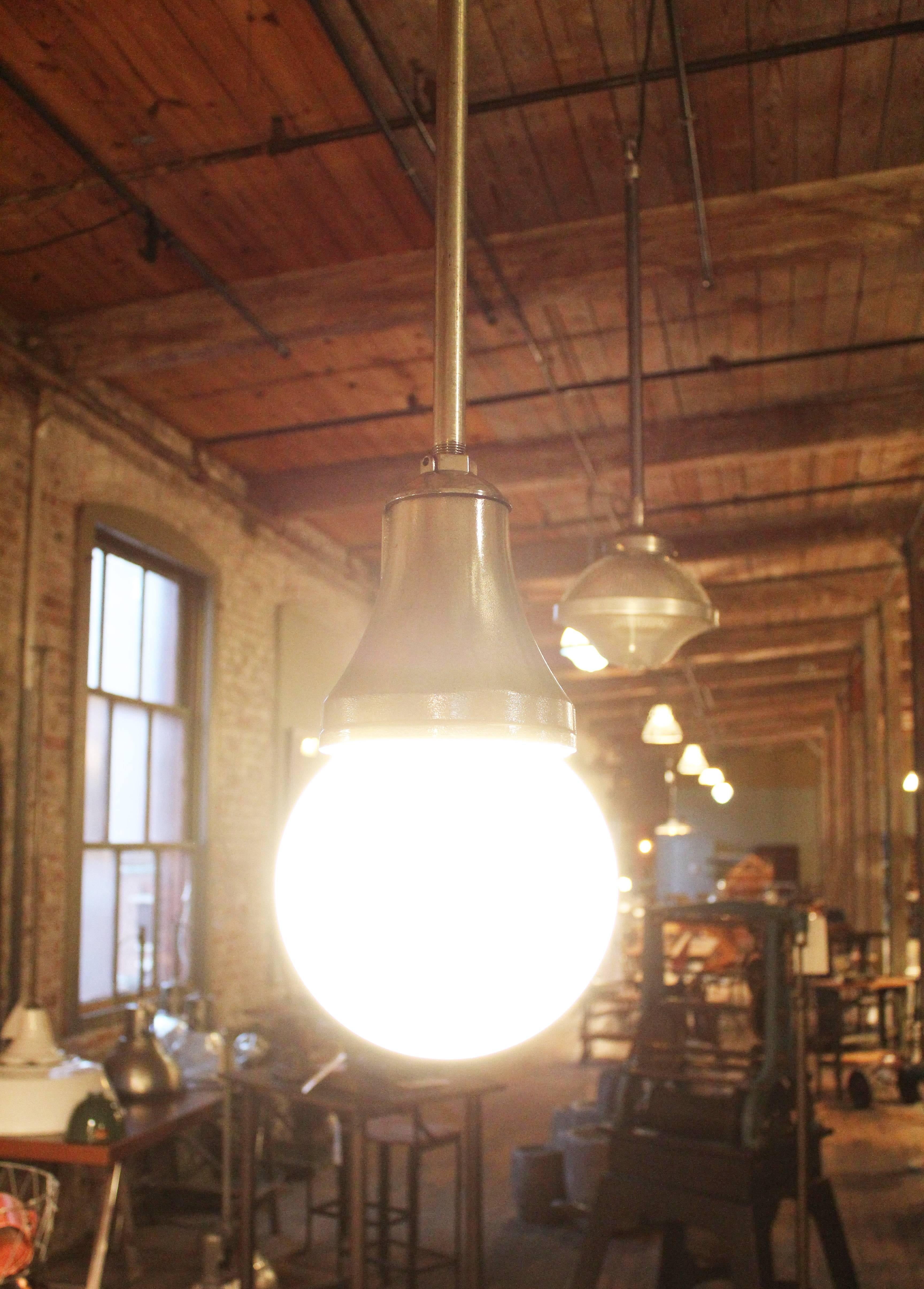 Industrial Pendant Light, Lamp Cast Iron Glass Globe Ceiling Hanging In Good Condition For Sale In Oakville, CT