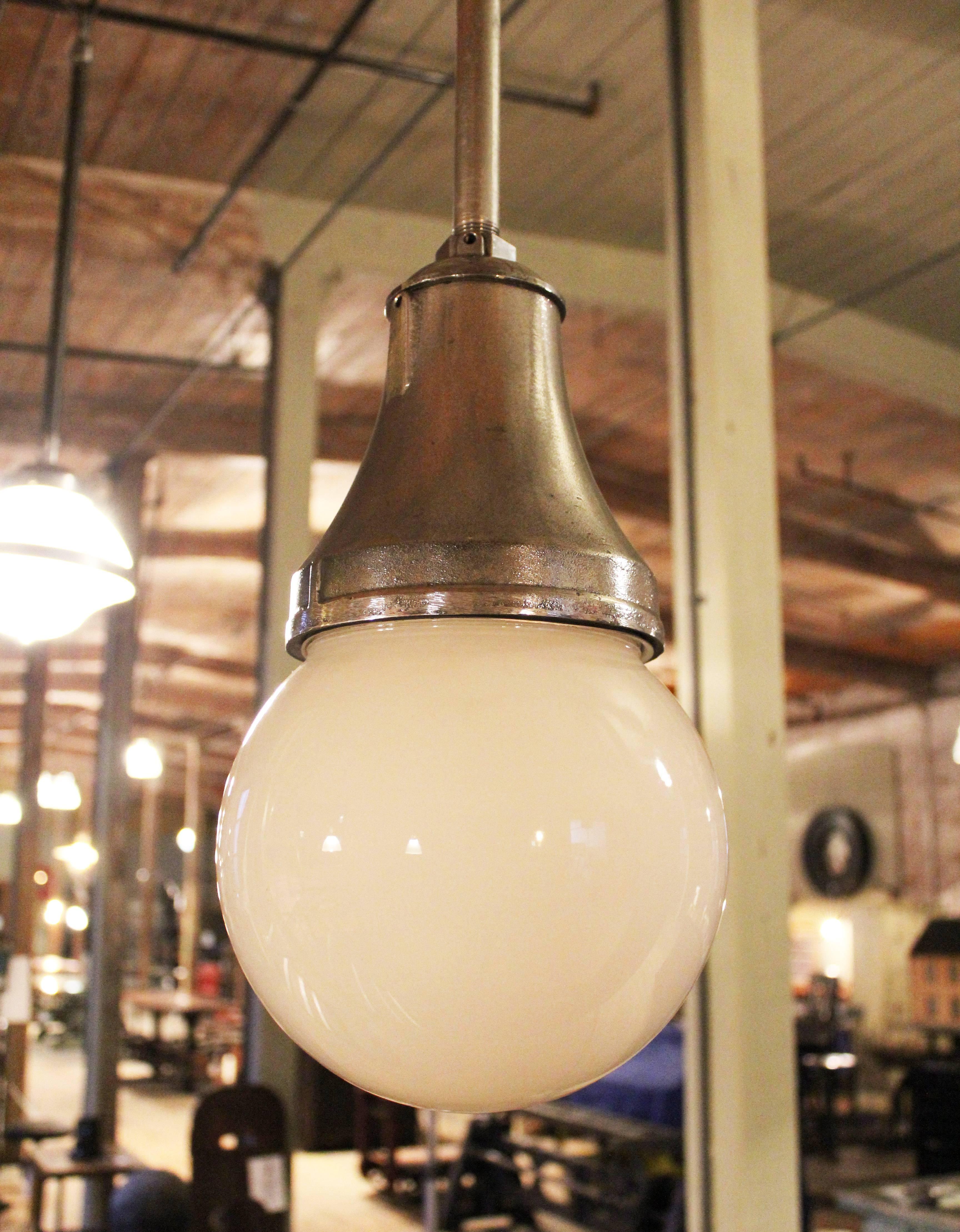 20th Century Industrial Pendant Light, Lamp Cast Iron Glass Globe Ceiling Hanging For Sale