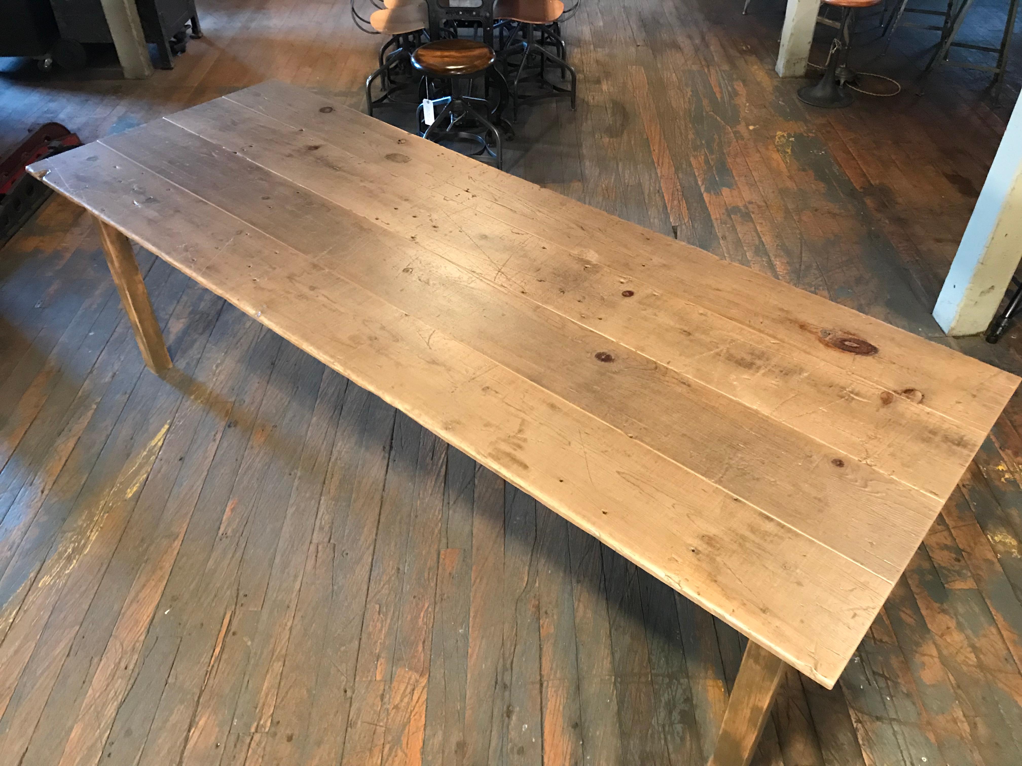 Reclaimed tobacco wood farm / dining / country harvest table. The pine tops were originally used as tobacco sorting tables in New England. Beautifully aged wood with rich history and beautiful character. Table measures 96