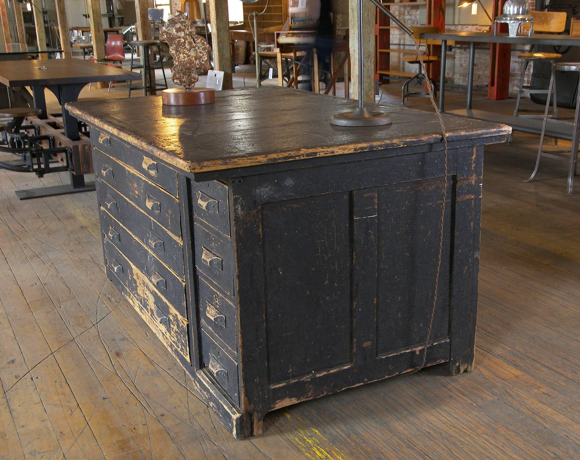Vintage Industrial Antique Wooden Printers Cabinet with Storage Drawers In Distressed Condition In Oakville, CT