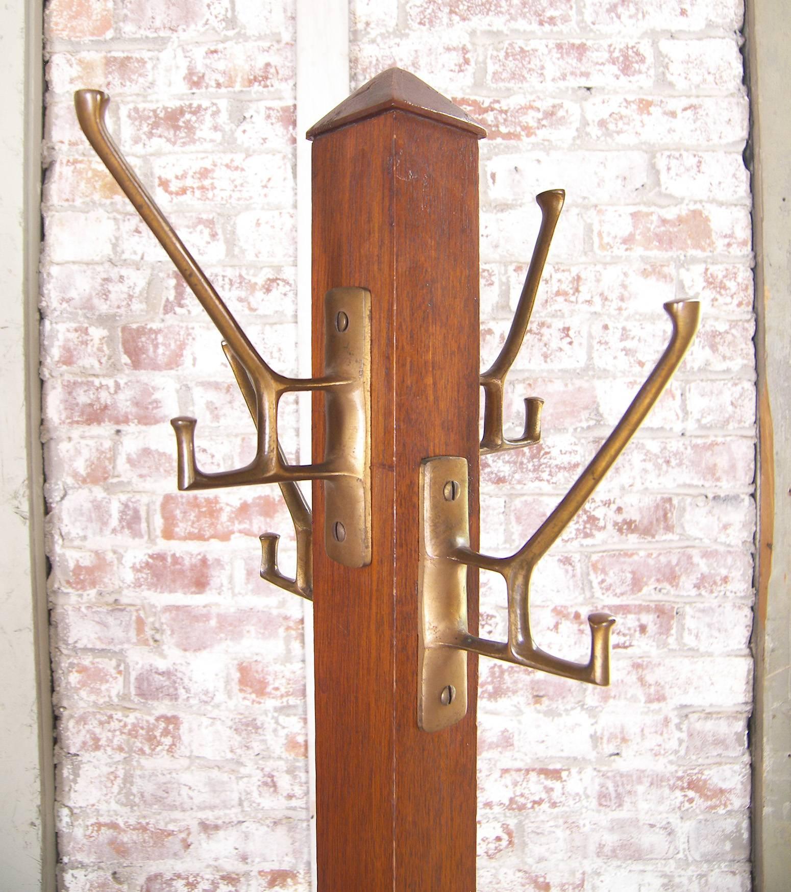 Vintage Industrial Mission Mahogany Coat Rack / Stand with Brass Hooks In Good Condition In Oakville, CT