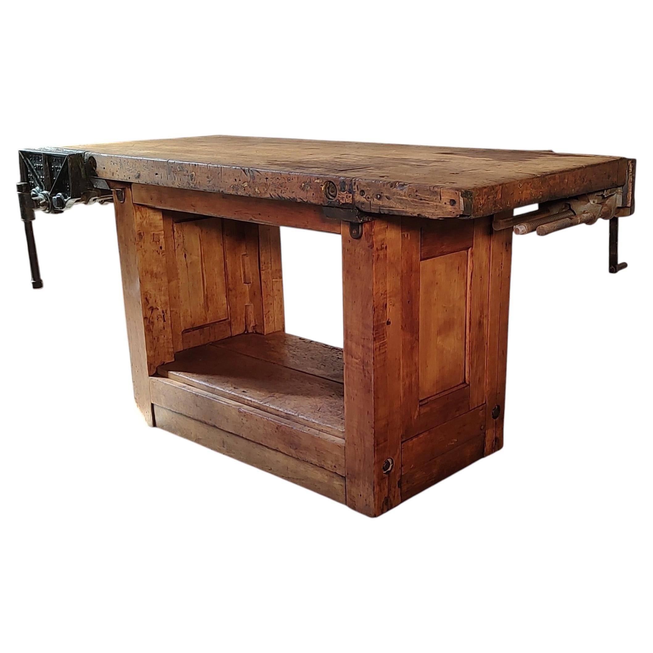 Antique Workbench with 2 Vises & Storage Cubby For Sale
