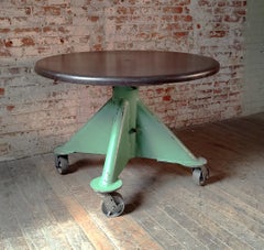 Vintage Industrial Round-Top Table On Castors