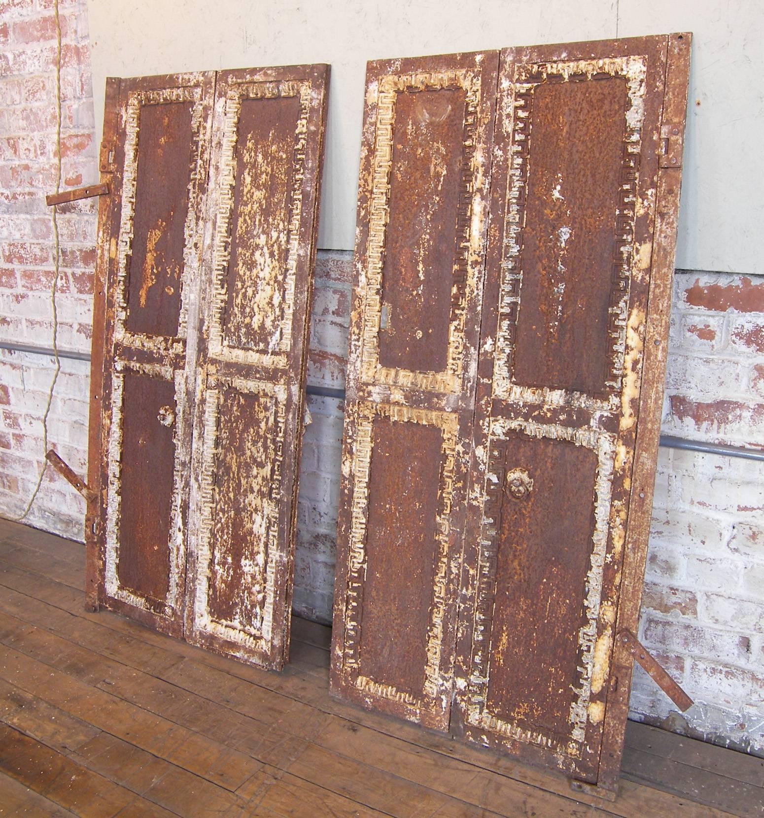 North American Pair of Antique Industrial Neoclassical Greek Key Cast Iron Doors Window Shutter
