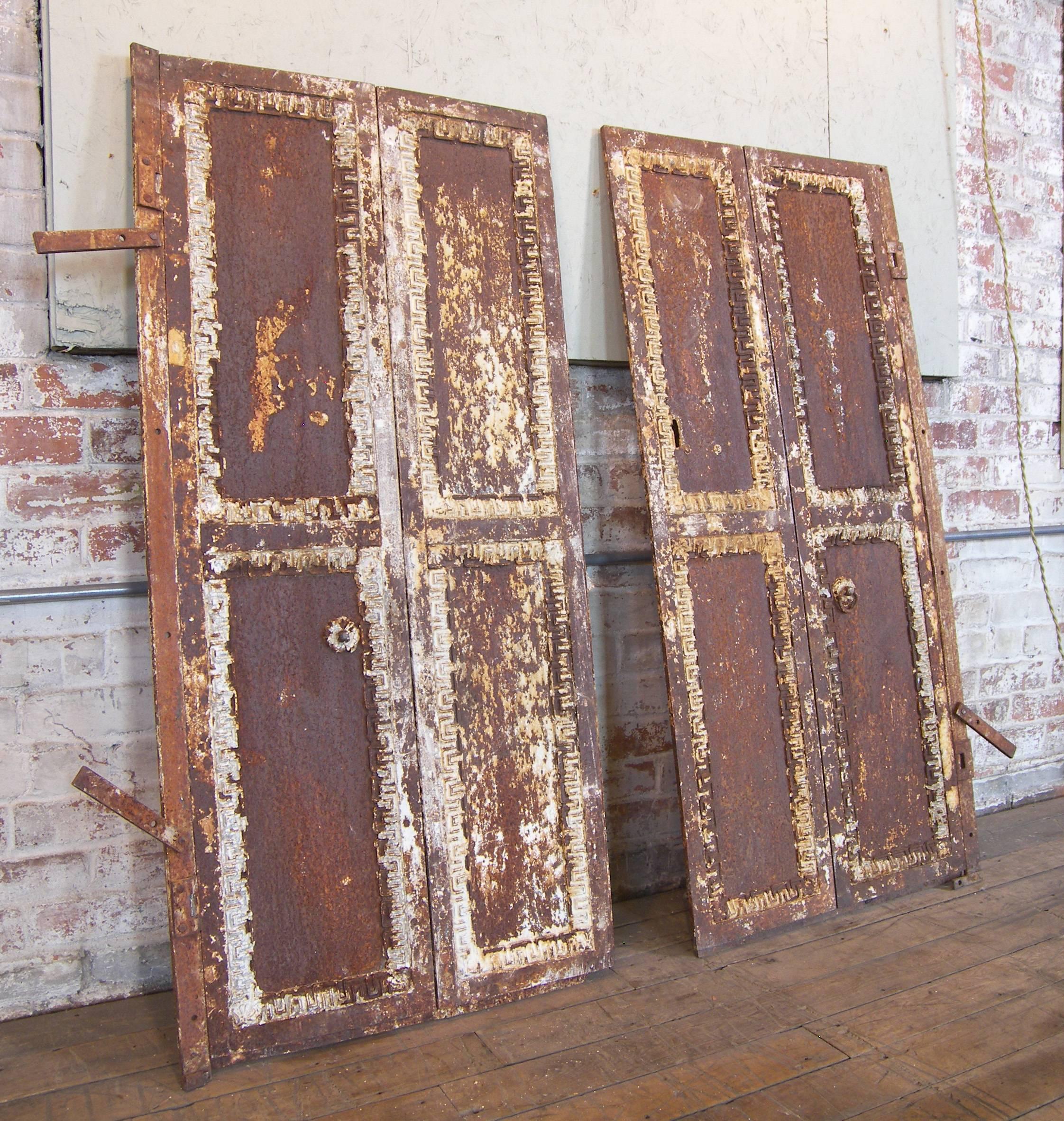19th Century Pair of Antique Industrial Neoclassical Greek Key Cast Iron Doors Window Shutter