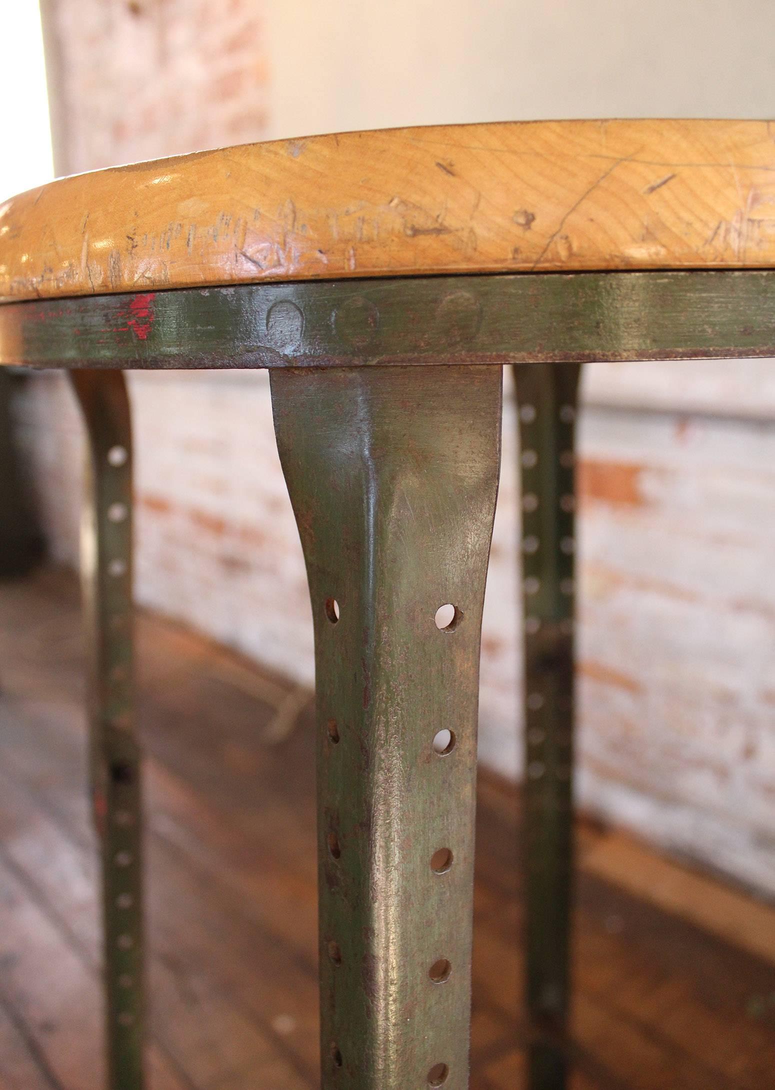 Shop Bar Stool, Vintage Industrial Backless Wood and Metal  In Good Condition In Oakville, CT