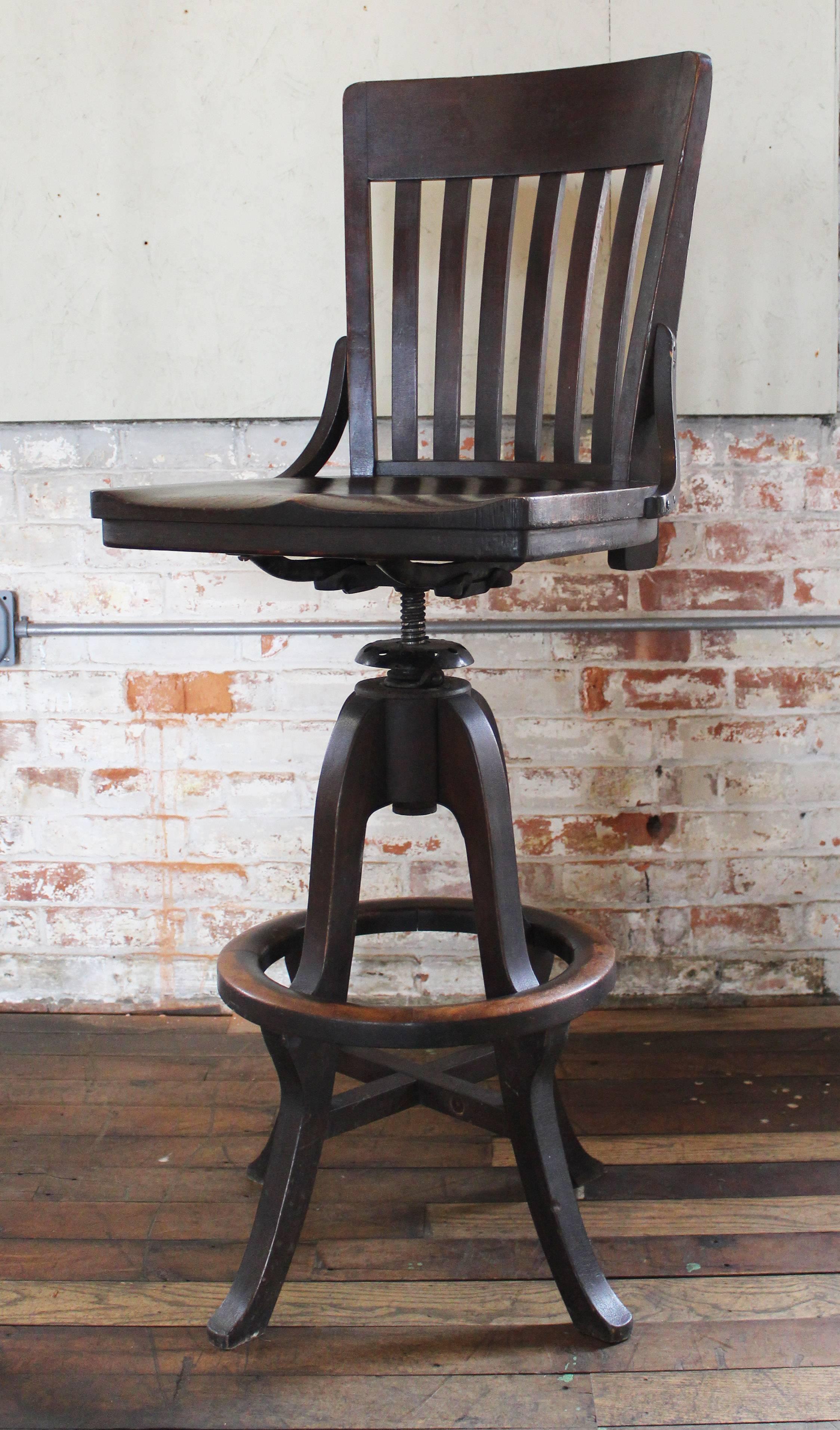 Clark & Gibby Drafting / Draftsman stool, wood and metal hardware. Overall dimensions are 19 1/2