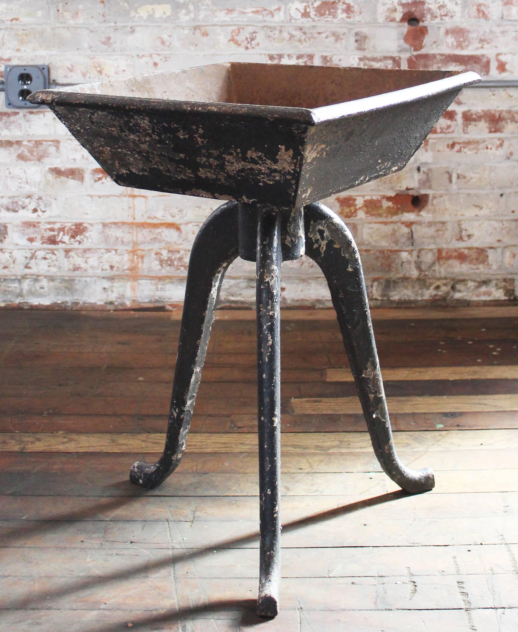Incredible cast iron vintage industrial rustic planter table stand art! Use this outside as a planter or object of art, inside as a table, stand, dimensions are 18 3/4" x 19" x 26 1/2" in height. Top measures 5 1/2" in height,