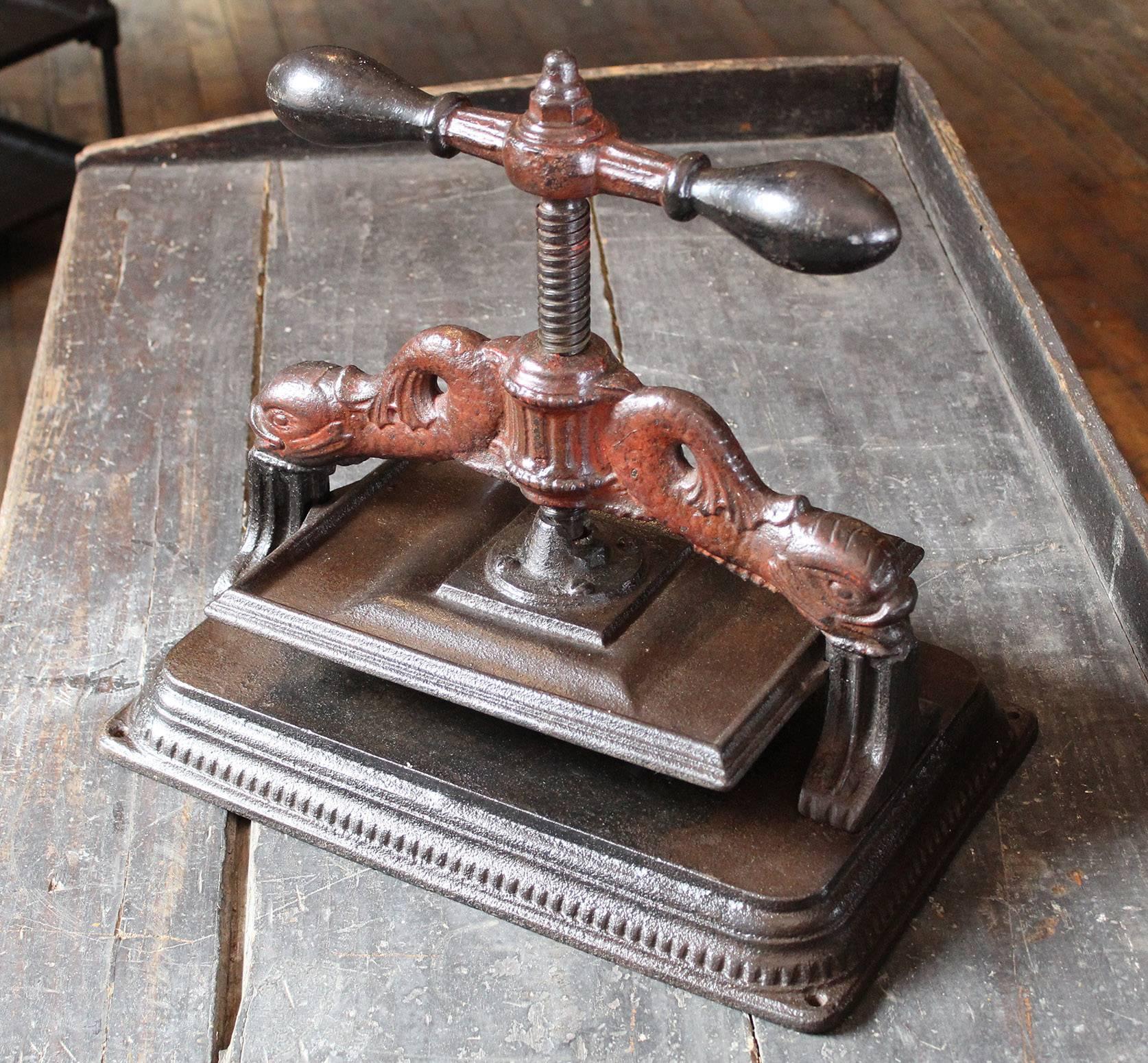 1850's Antique Cast Iron Dolphin Book Press In Good Condition In Oakville, CT