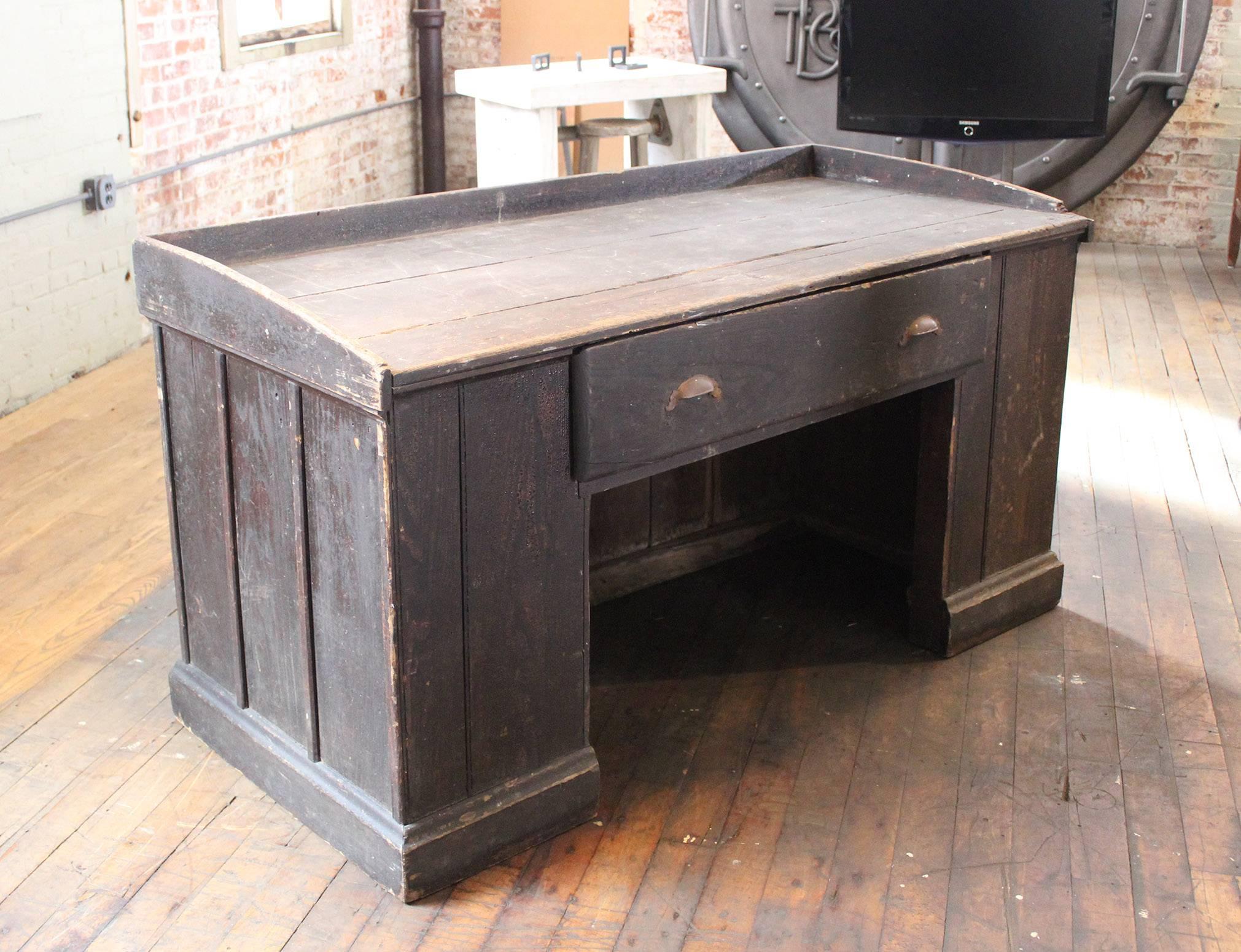 American Vintage Industrial Wooden Hardware Store Counter, Clerk's Desk Table