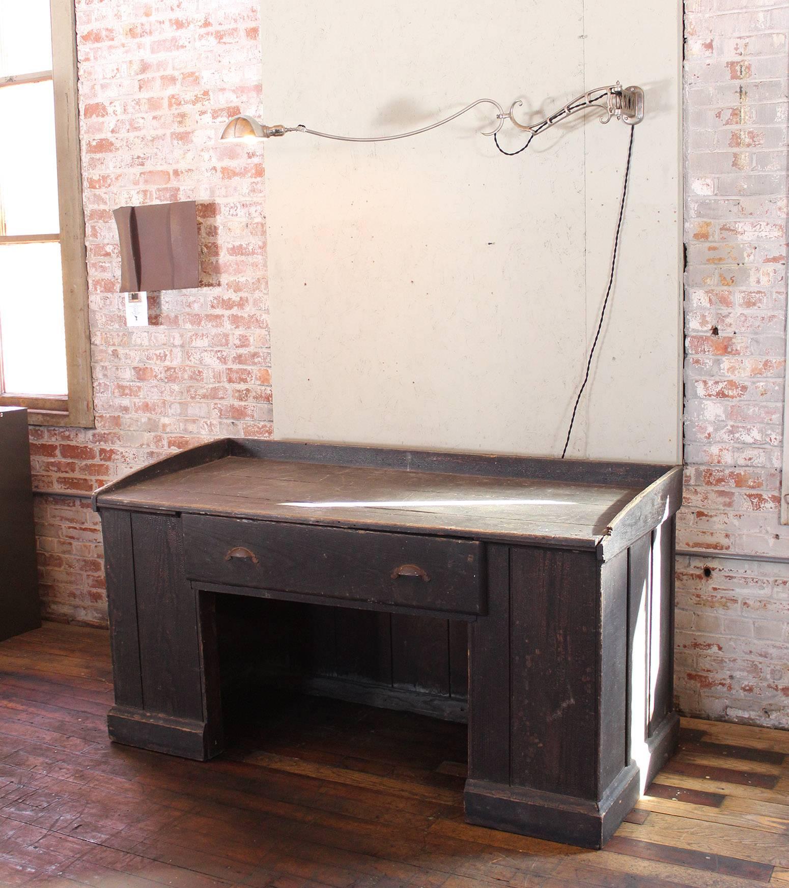 Exceptional wooden store hardware counter, vintage Industrial clerks desk with steel handles. Dimensions - Overall - 65 1/4